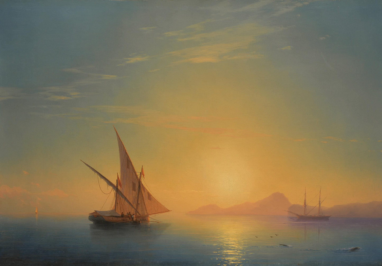Sunset over Ischia painting by Aivazovsky, framed premium canvas print, with brush strokes  and golden vintageous frame looks like original FOSHE ART