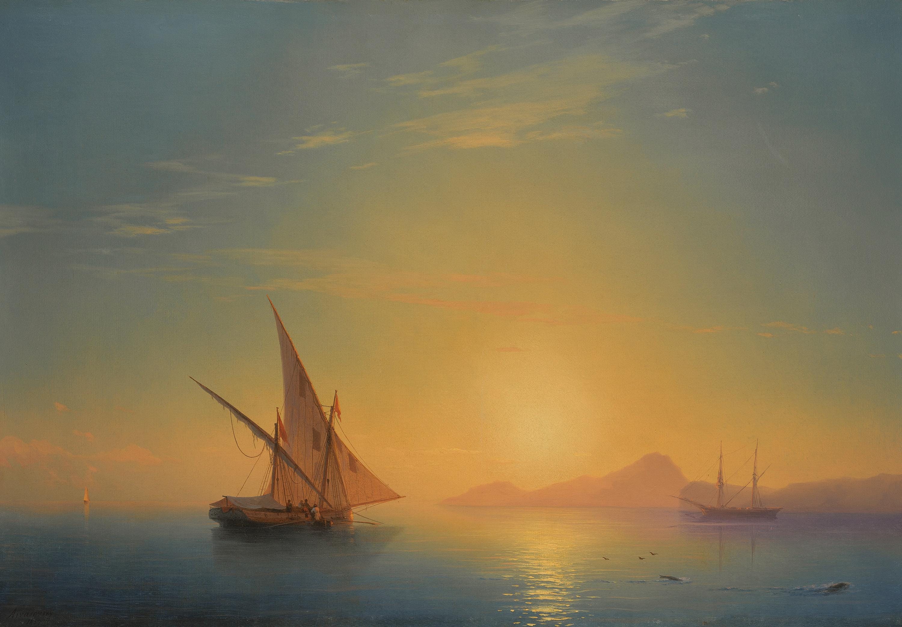 Aivazovsky Sunset Over Ischia Painting, Framed Canvas Print, Golden Vintage Frame FOSHE ART
