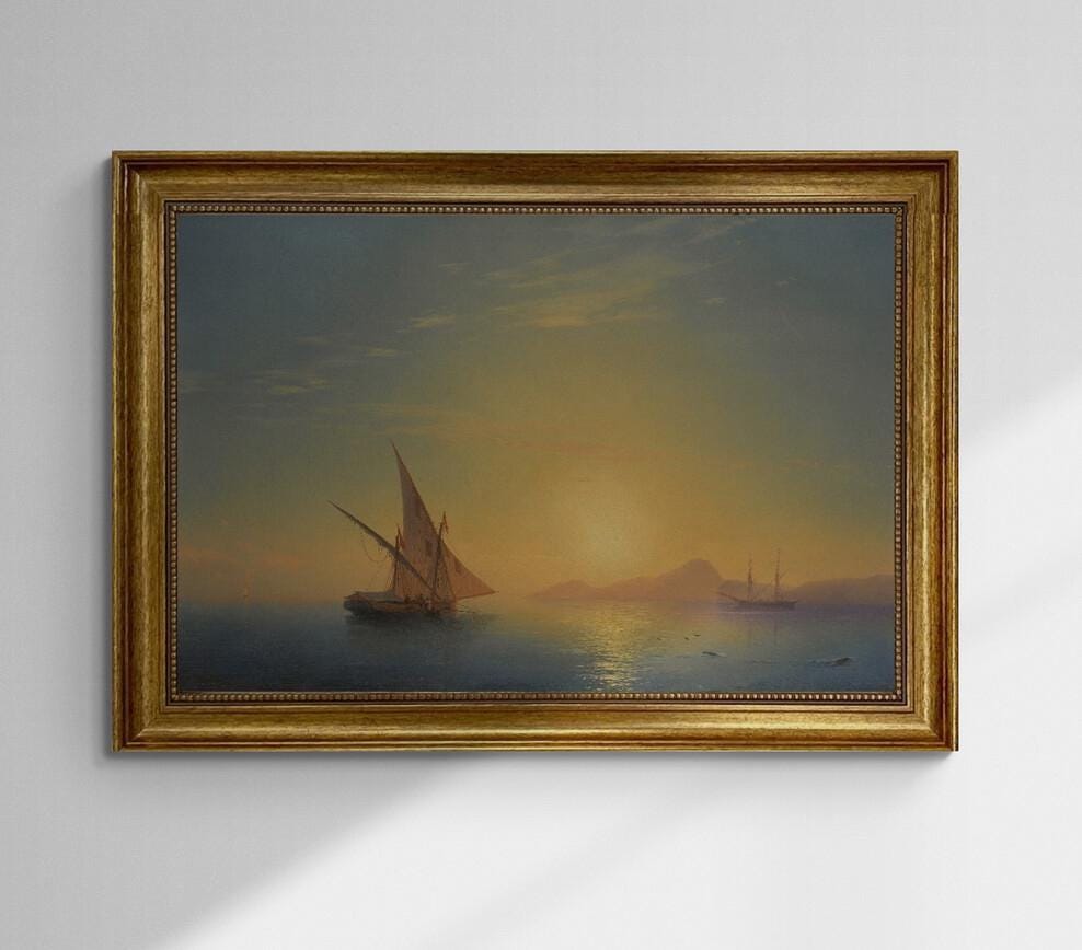 Sunset over Ischia painting by Aivazovsky, framed premium canvas print, with brush strokes  and golden vintageous frame looks like original FOSHE ART