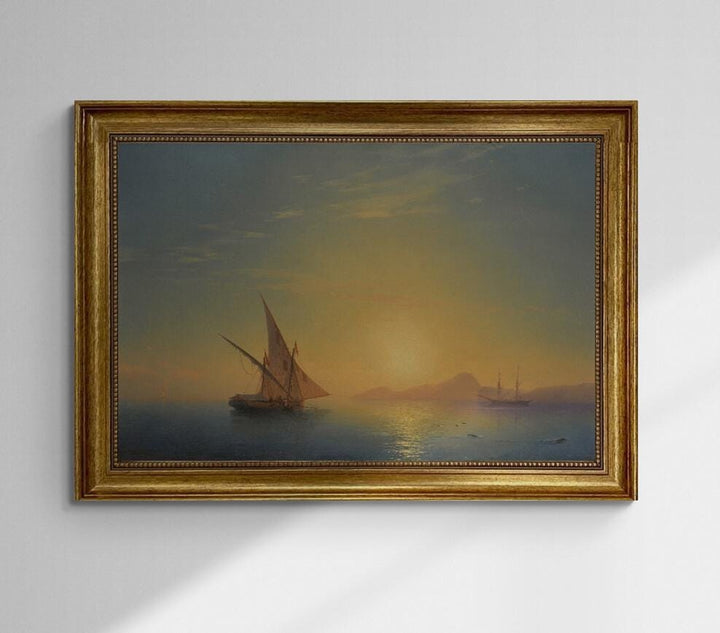 Sunset over Ischia painting by Aivazovsky, framed premium canvas print, with brush strokes  and golden vintageous frame looks like original FOSHE ART