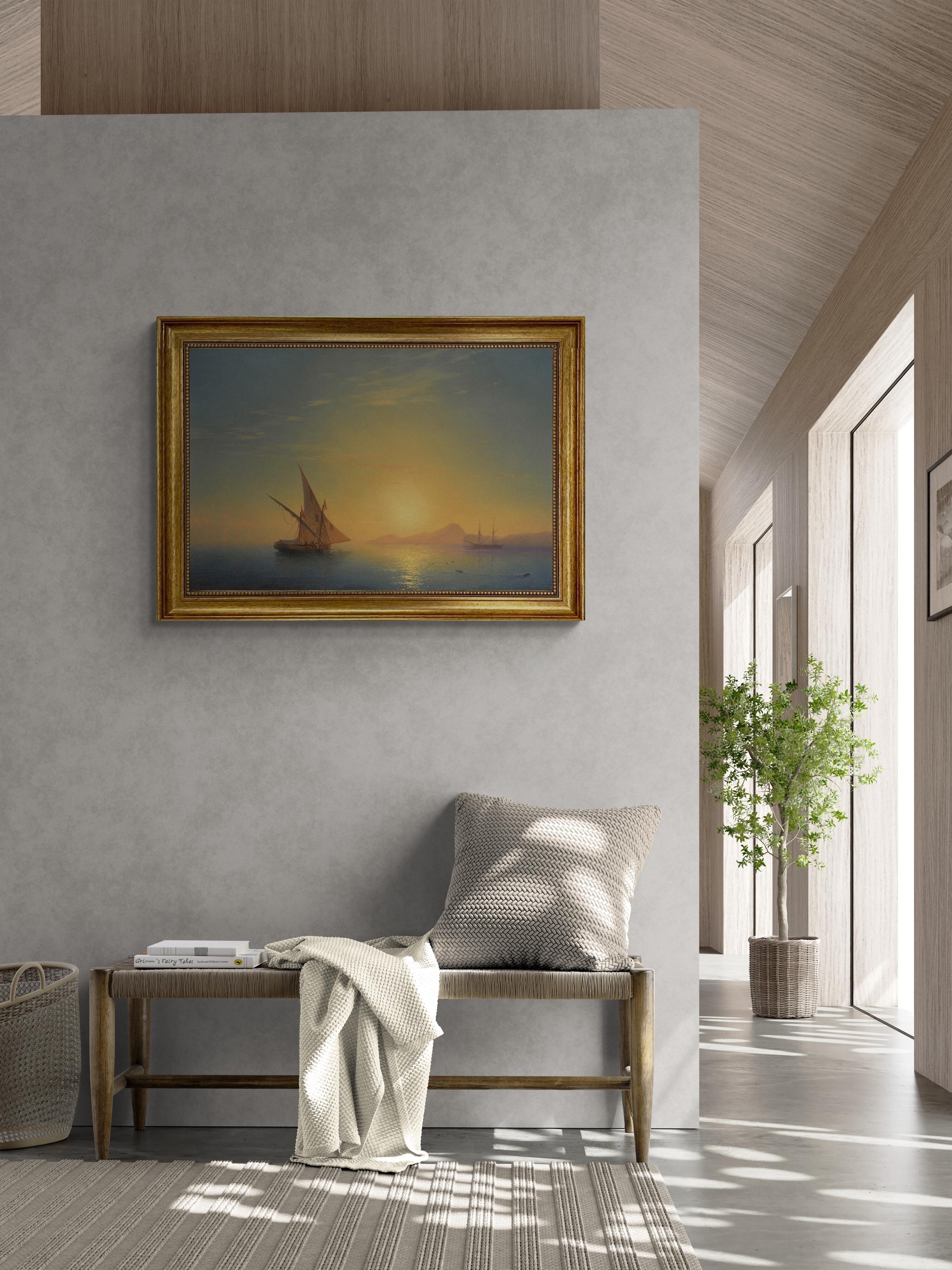 Aivazovsky Sunset Over Ischia Painting, Framed Canvas Print, Golden Vintage Frame FOSHE ART