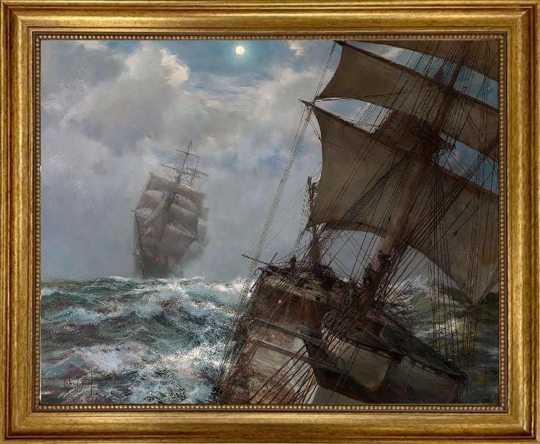 Two Clippers Noctrune by Montague Dawson, framed premium canvas print, with brush strokes  and golden vintageous frame looks like original FOSHE ART