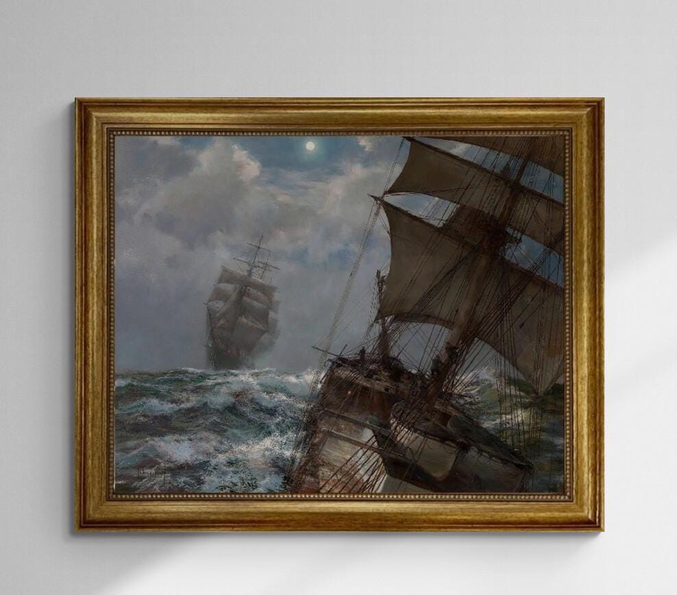 Two Clippers Noctrune by Montague Dawson, framed premium canvas print, with brush strokes  and golden vintageous frame looks like original FOSHE ART