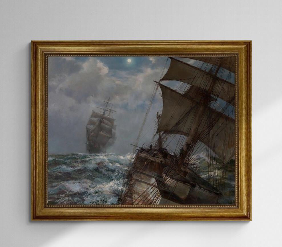 Montague Dawson "Two Clippers Nocturne" Framed Canvas Print, Golden Frame FOSHE ART