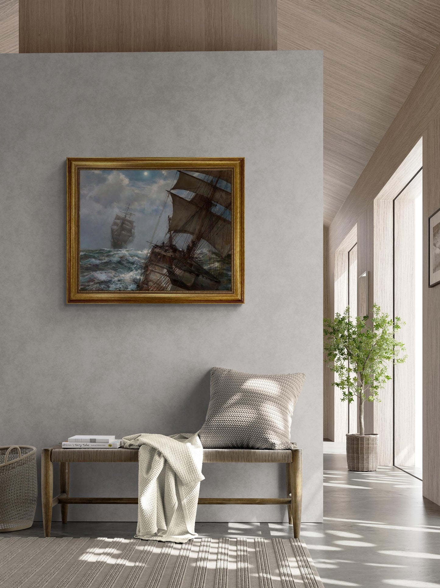 Two Clippers Noctrune by Montague Dawson, framed premium canvas print, with brush strokes  and golden vintageous frame looks like original FOSHE ART