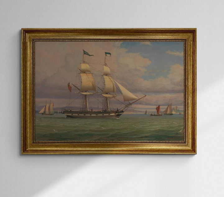 The English Brig 'Norval' before the Wind by  William Clark canvas premium print with brush strokes and vintageous frame looks like original FOSHE ART