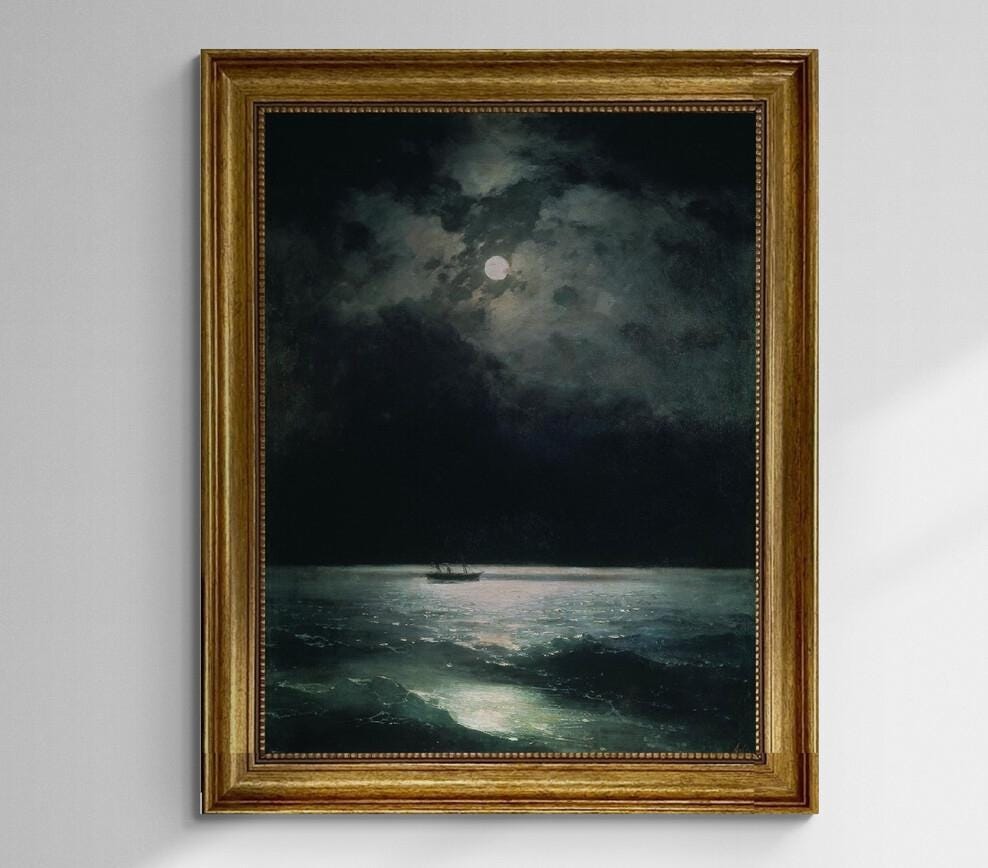The black sea at night by Aivazovsky canvas hand finished premium print with brush strokes and golden vintageous frame looks like original FOSHE ART