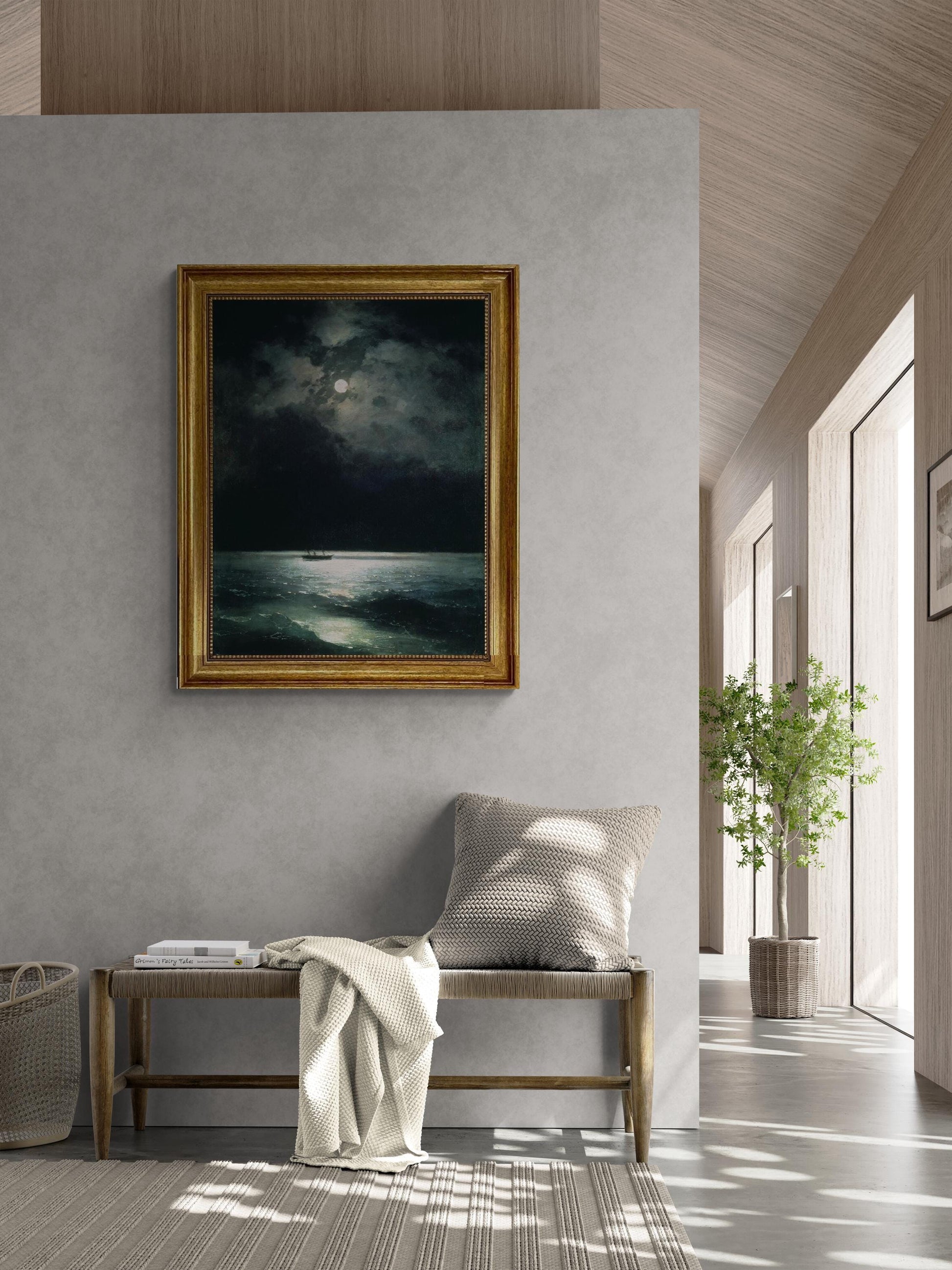 The black sea at night by Aivazovsky canvas hand finished premium print with brush strokes and golden vintageous frame looks like original FOSHE ART