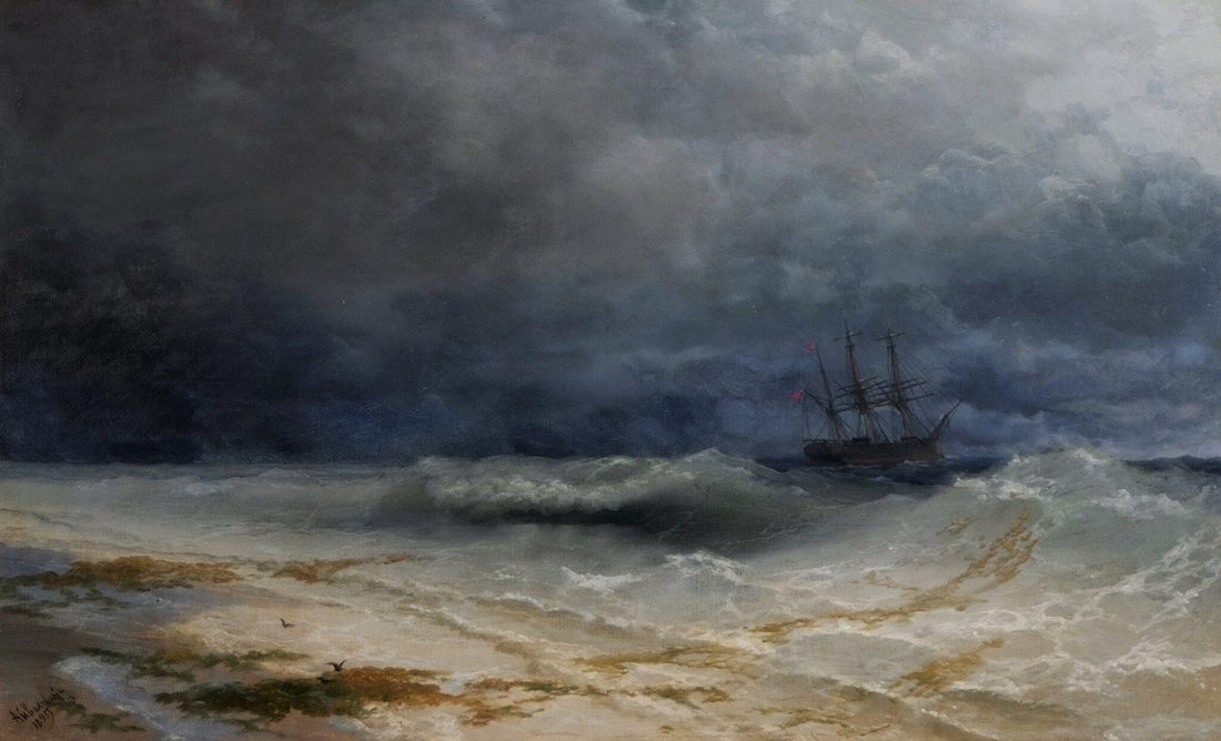 Aivazovsky Breaking Waves Canvas Print with Golden Vintage Frame FOSHE ART