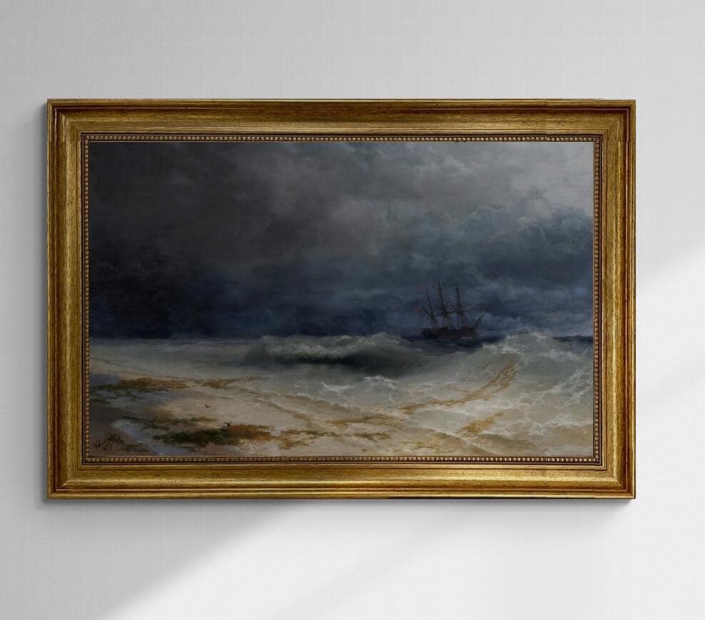 Aivazovsky Breaking Waves Canvas Print with Golden Vintage Frame FOSHE ART