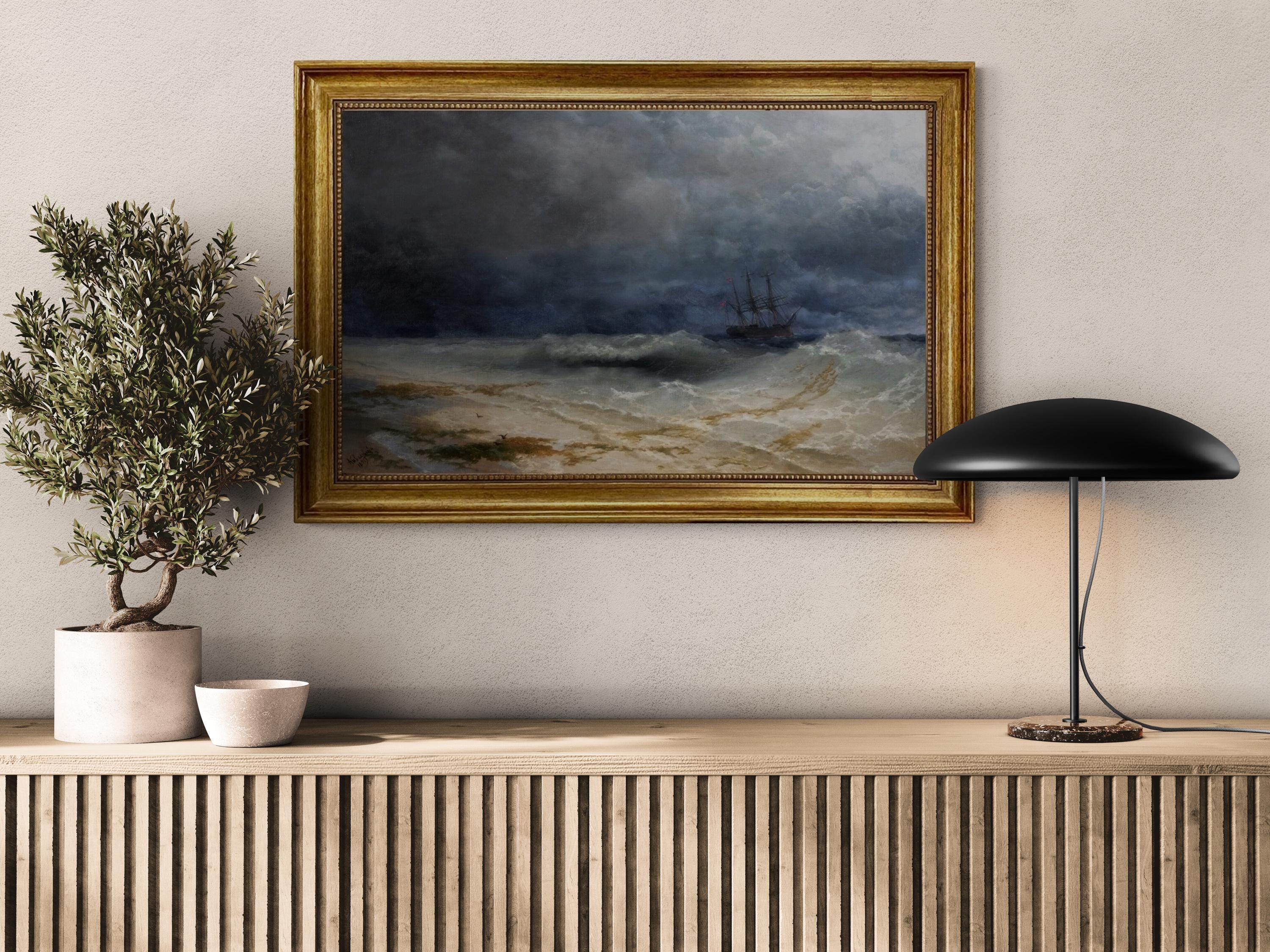 Aivazovsky Breaking Waves Canvas Print with Golden Vintage Frame FOSHE ART