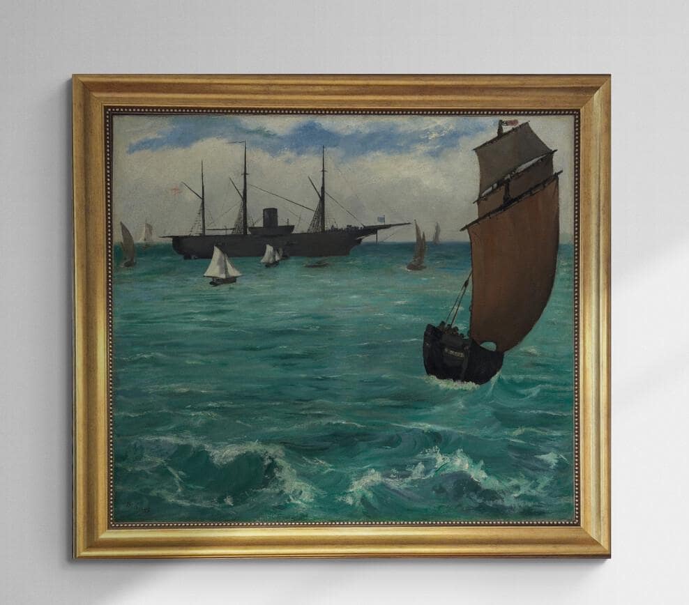 Naval Battle, Edouard Manet, Gliclée canvas hand finished premium print with brush strokes and golden vintageous frame looks like original FOSHE ART