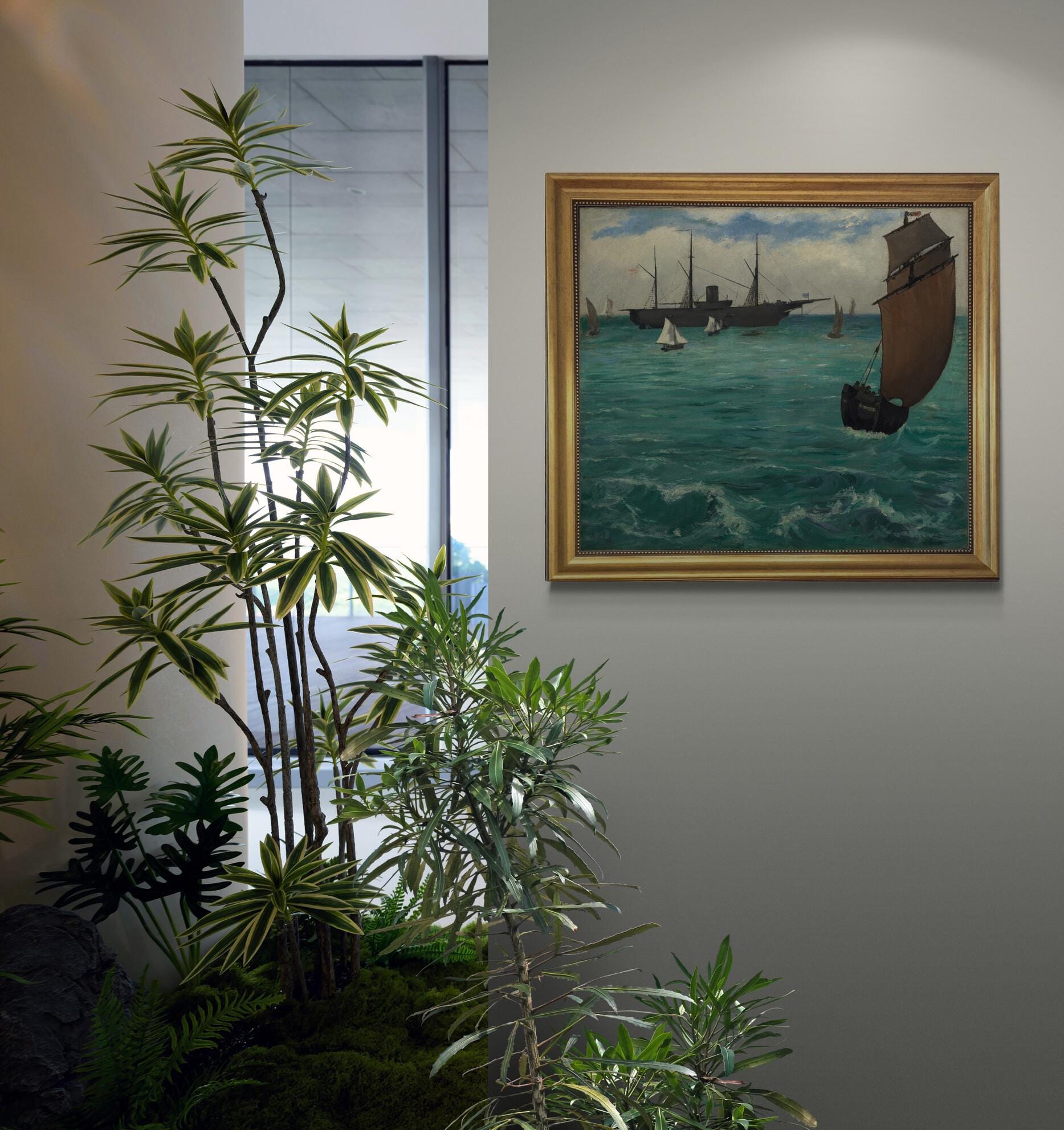 Naval Battle, Edouard Manet, Gliclée canvas hand finished premium print with brush strokes and golden vintageous frame looks like original FOSHE ART