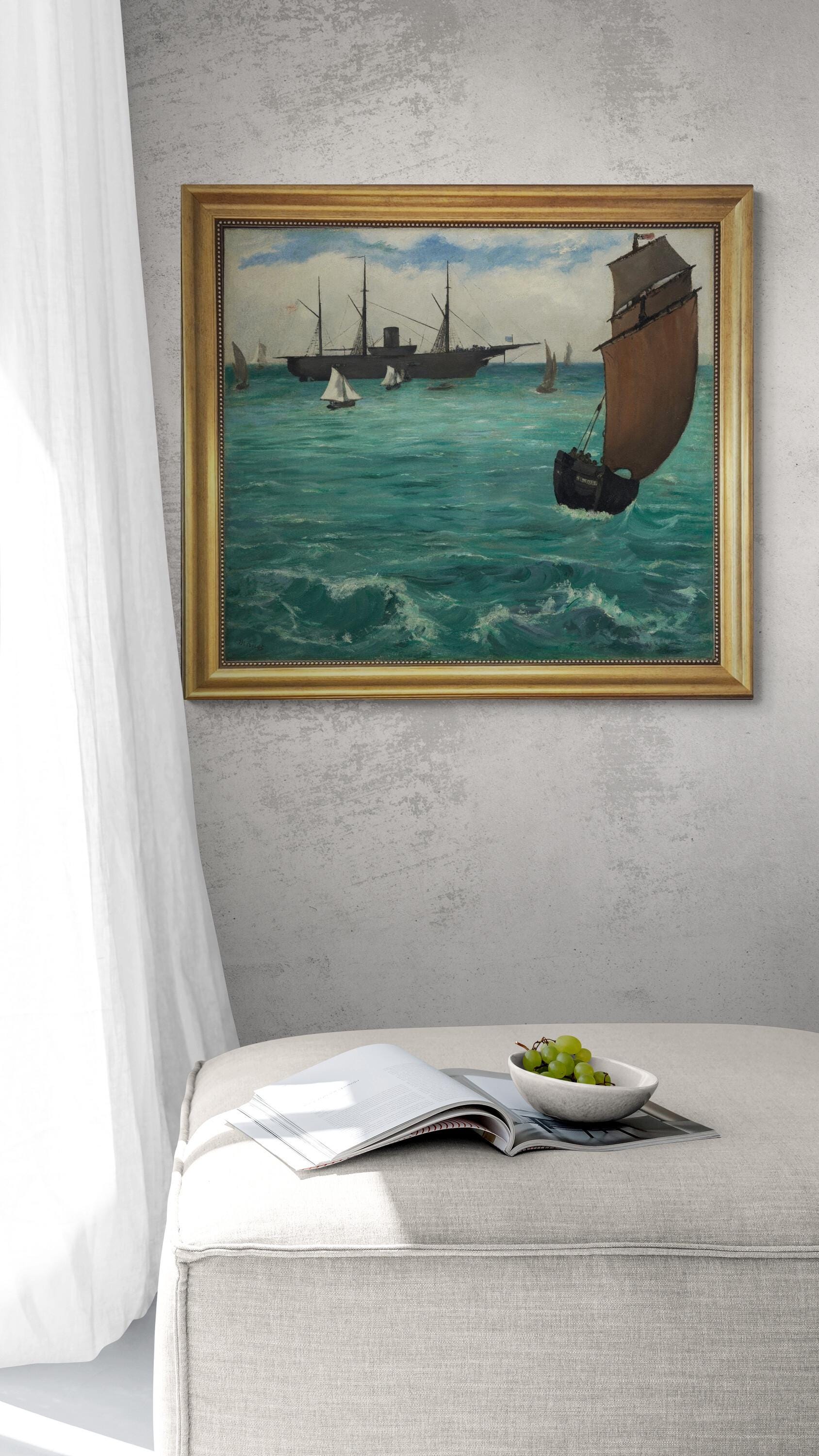 Naval Battle, Edouard Manet, Gliclée canvas hand finished premium print with brush strokes and golden vintageous frame looks like original FOSHE ART