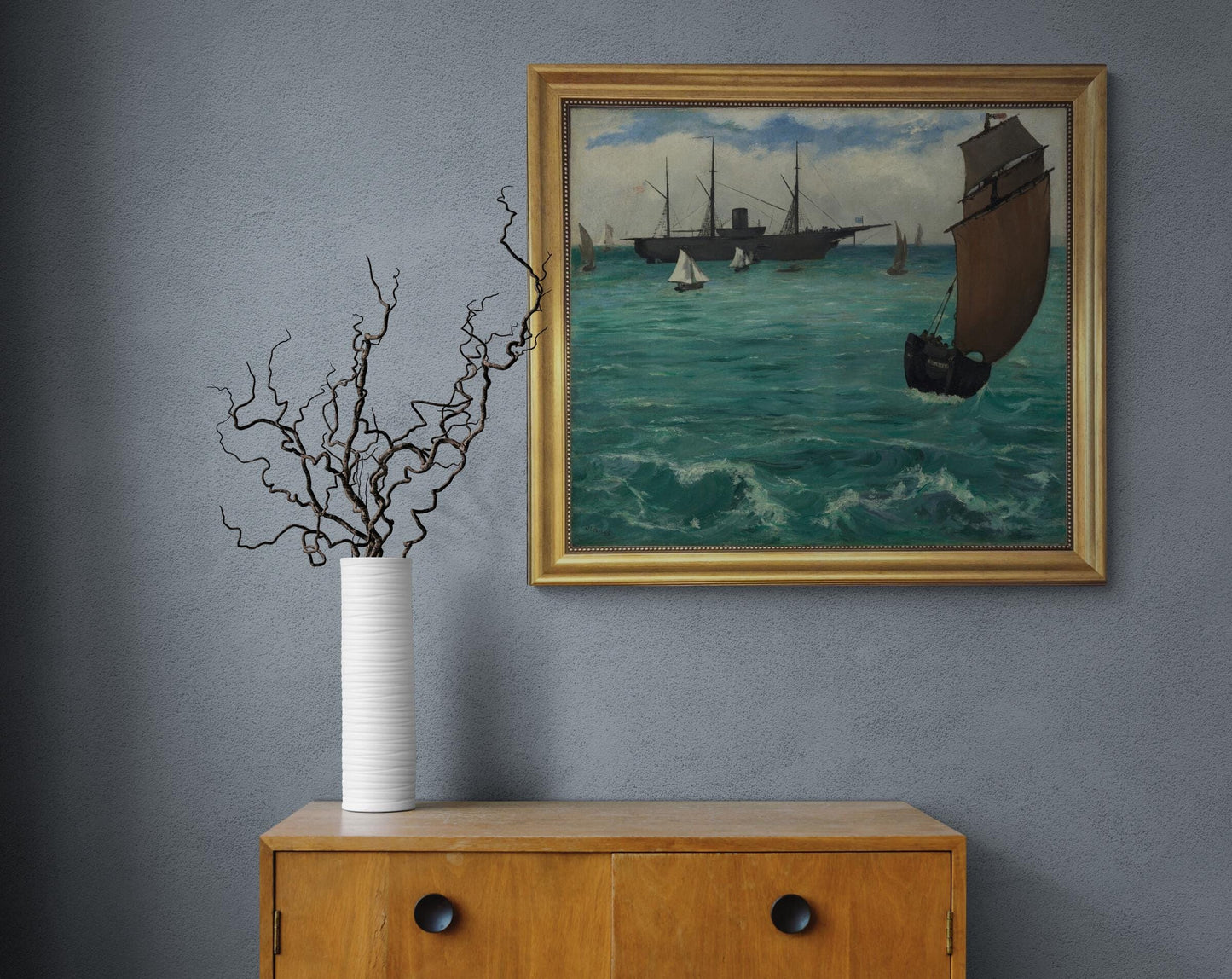 Naval Battle, Edouard Manet, Gliclée canvas hand finished premium print with brush strokes and golden vintageous frame looks like original FOSHE ART