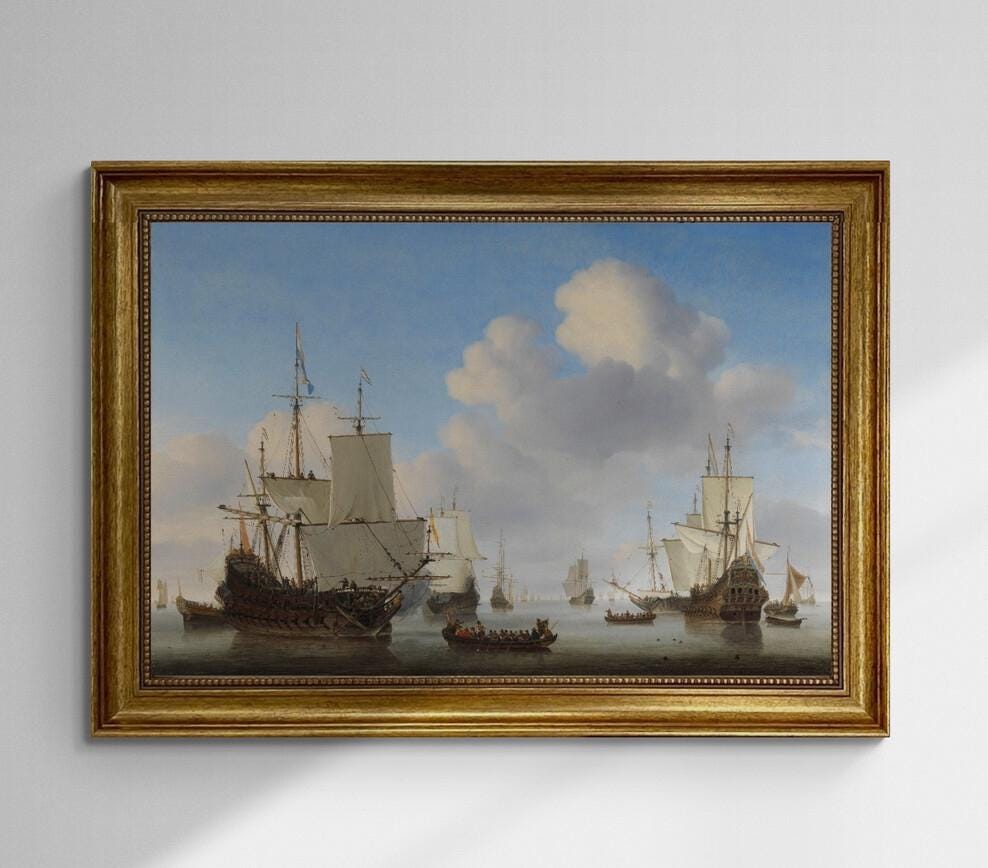 Dutchmen o' war and other shipping in a calm by Willem van de Velde II  canvas premium print with brush strokes and golden vintageous frame FOSHE ART