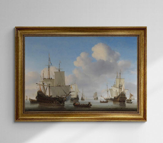 Dutchmen o' war and other shipping in a calm by Willem van de Velde II  canvas premium print with brush strokes and golden vintageous frame FOSHE ART