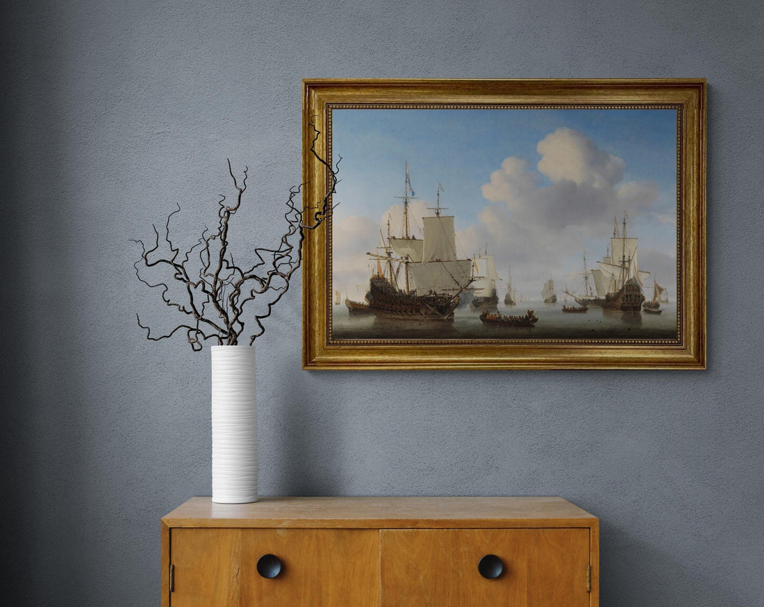 Dutchmen o' war and other shipping in a calm by Willem van de Velde II  canvas premium print with brush strokes and golden vintageous frame FOSHE ART