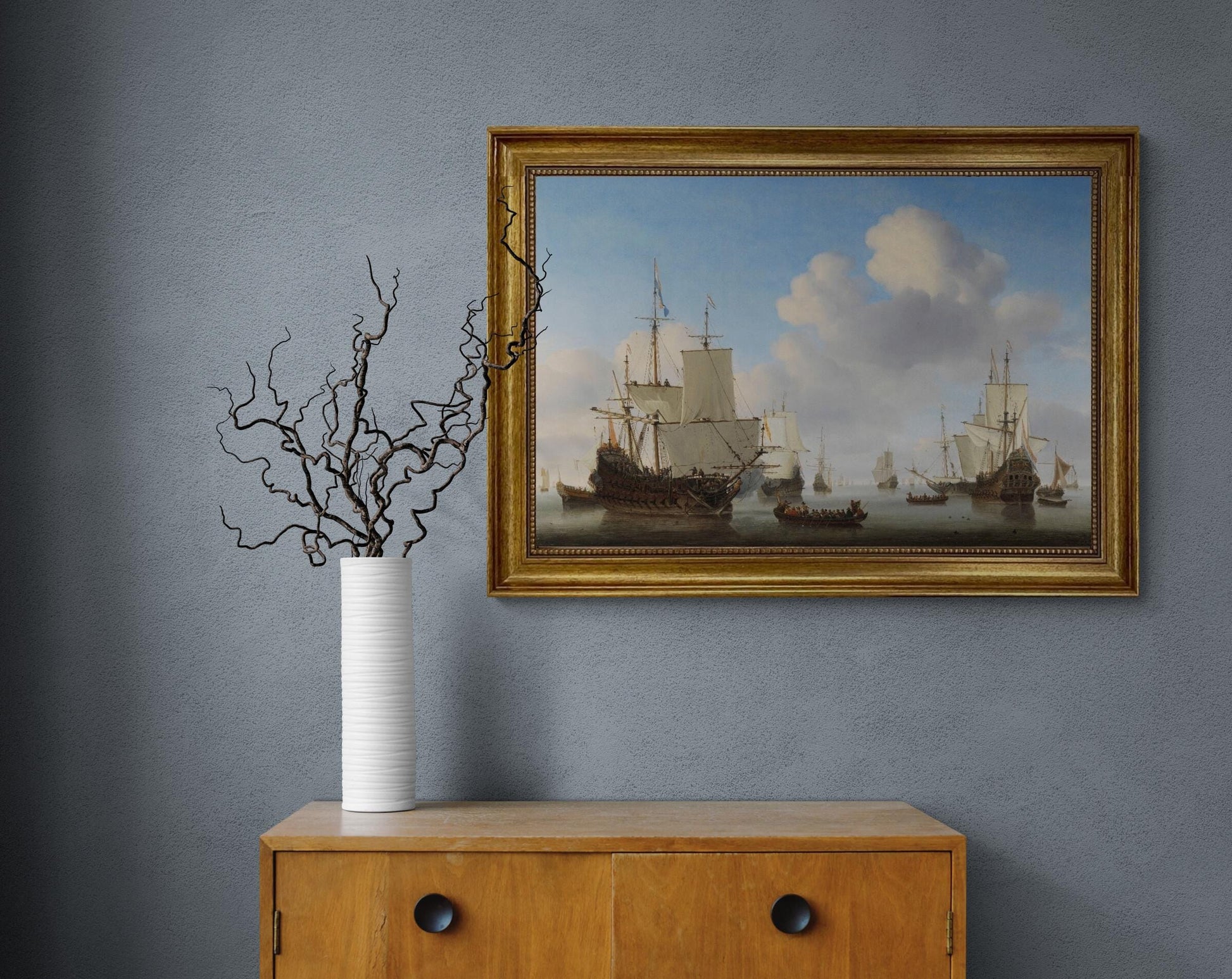 Dutchmen o' war and other shipping in a calm by Willem van de Velde II  canvas premium print with brush strokes and golden vintageous frame FOSHE ART