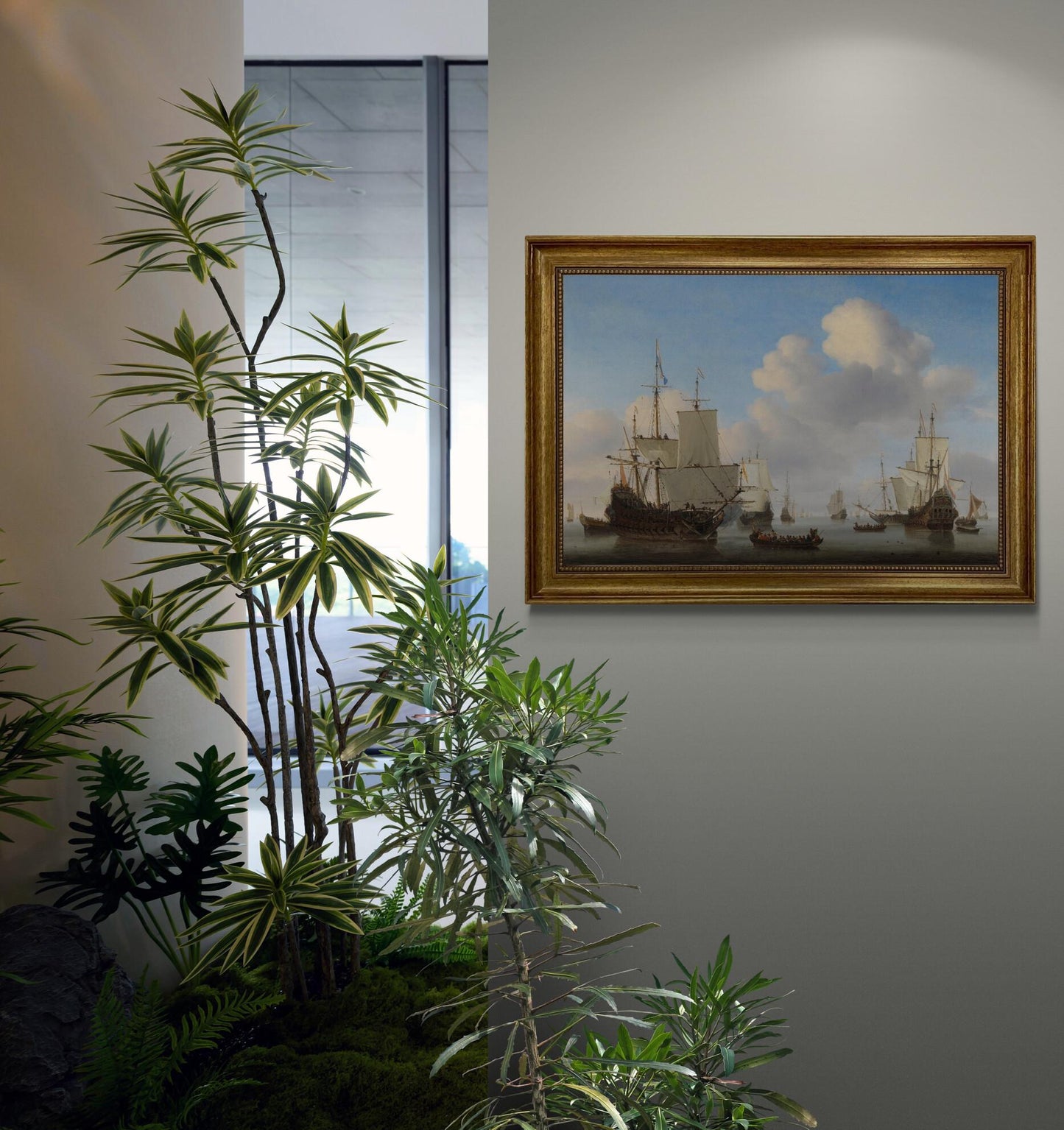 Dutchmen o' war and other shipping in a calm by Willem van de Velde II  canvas premium print with brush strokes and golden vintageous frame FOSHE ART