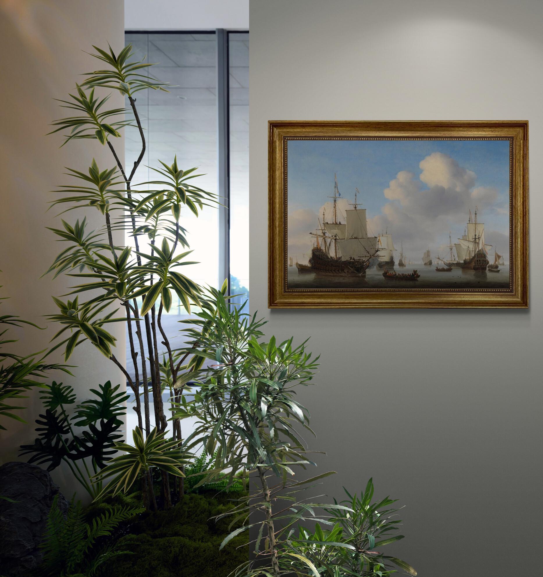 Dutchmen o' war and other shipping in a calm by Willem van de Velde II  canvas premium print with brush strokes and golden vintageous frame FOSHE ART