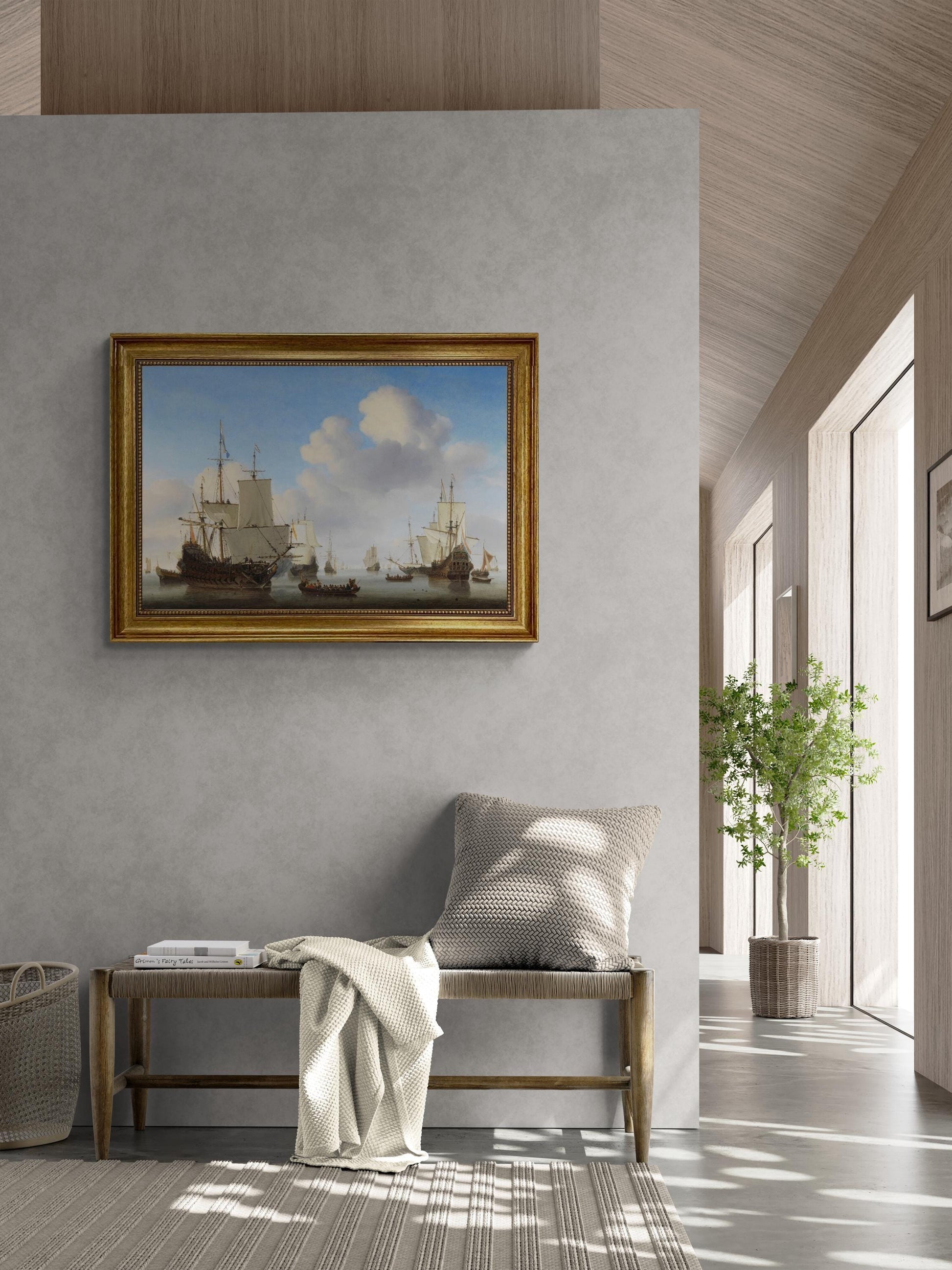 Dutchmen o' war and other shipping in a calm by Willem van de Velde II  canvas premium print with brush strokes and golden vintageous frame FOSHE ART