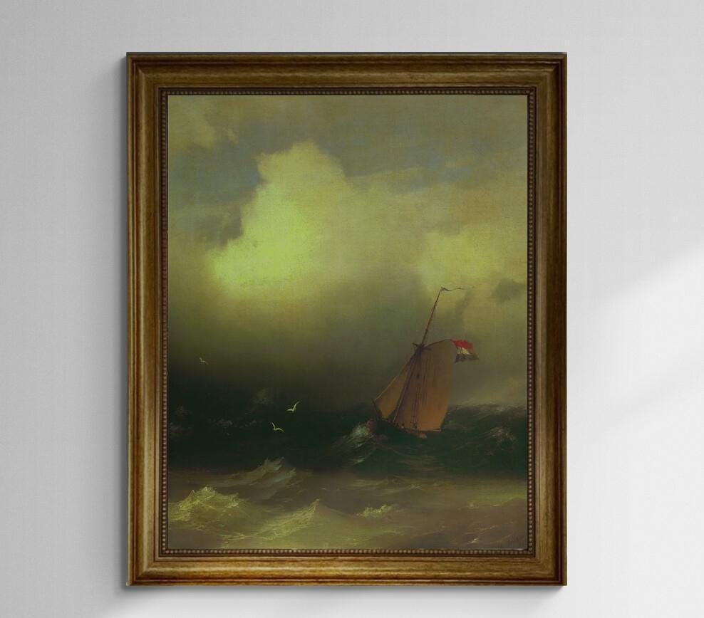 Ivan Aivazovsky 'Storm at Sea' Canvas Print with Vintage Golden Frame, Brush Strokes FOSHE ART