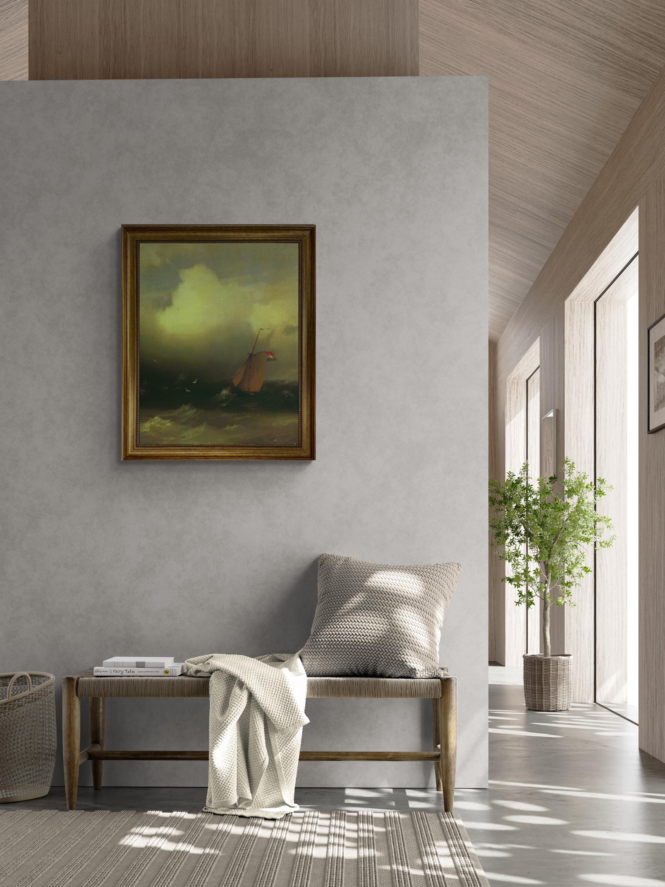 Ivan Aivazovsky 'Storm at Sea' Canvas Print with Vintage Golden Frame, Brush Strokes FOSHE ART