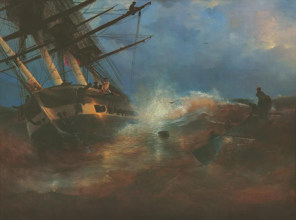 Aivazovsky Frigate Aurora Print, Golden Vintage Frame, Brush Stroke Finish FOSHE ART