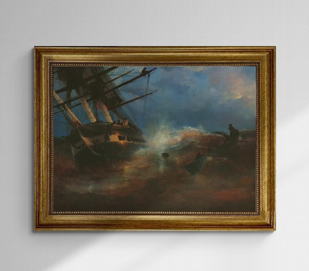 Aivazovsky Frigate Aurora Print, Golden Vintage Frame, Brush Stroke Finish FOSHE ART