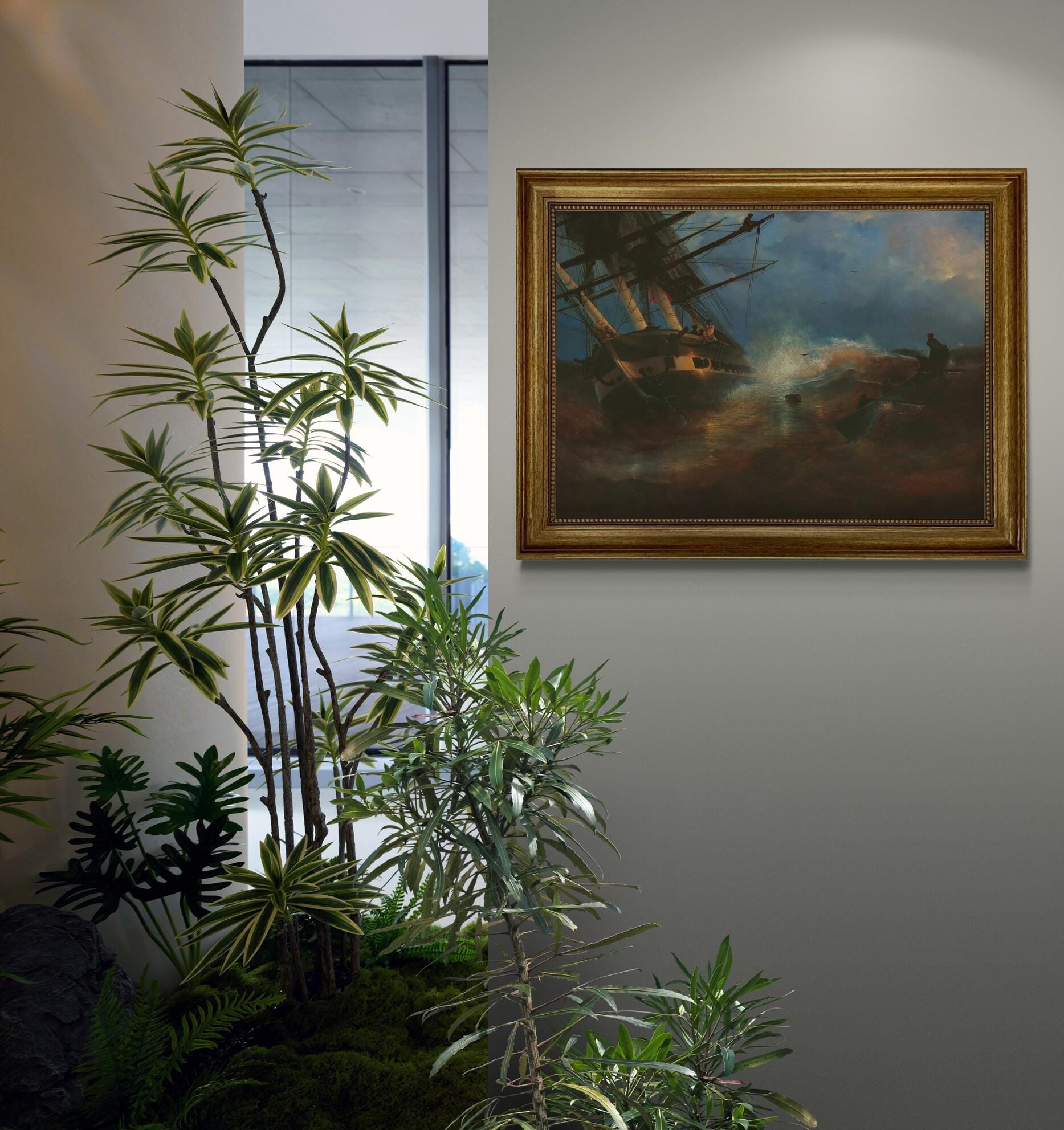 The Frigate "Aurora" by Aivazovsky, canvas hand finished premium print with brush strokes and golden vintageous frame looks like original FOSHE ART