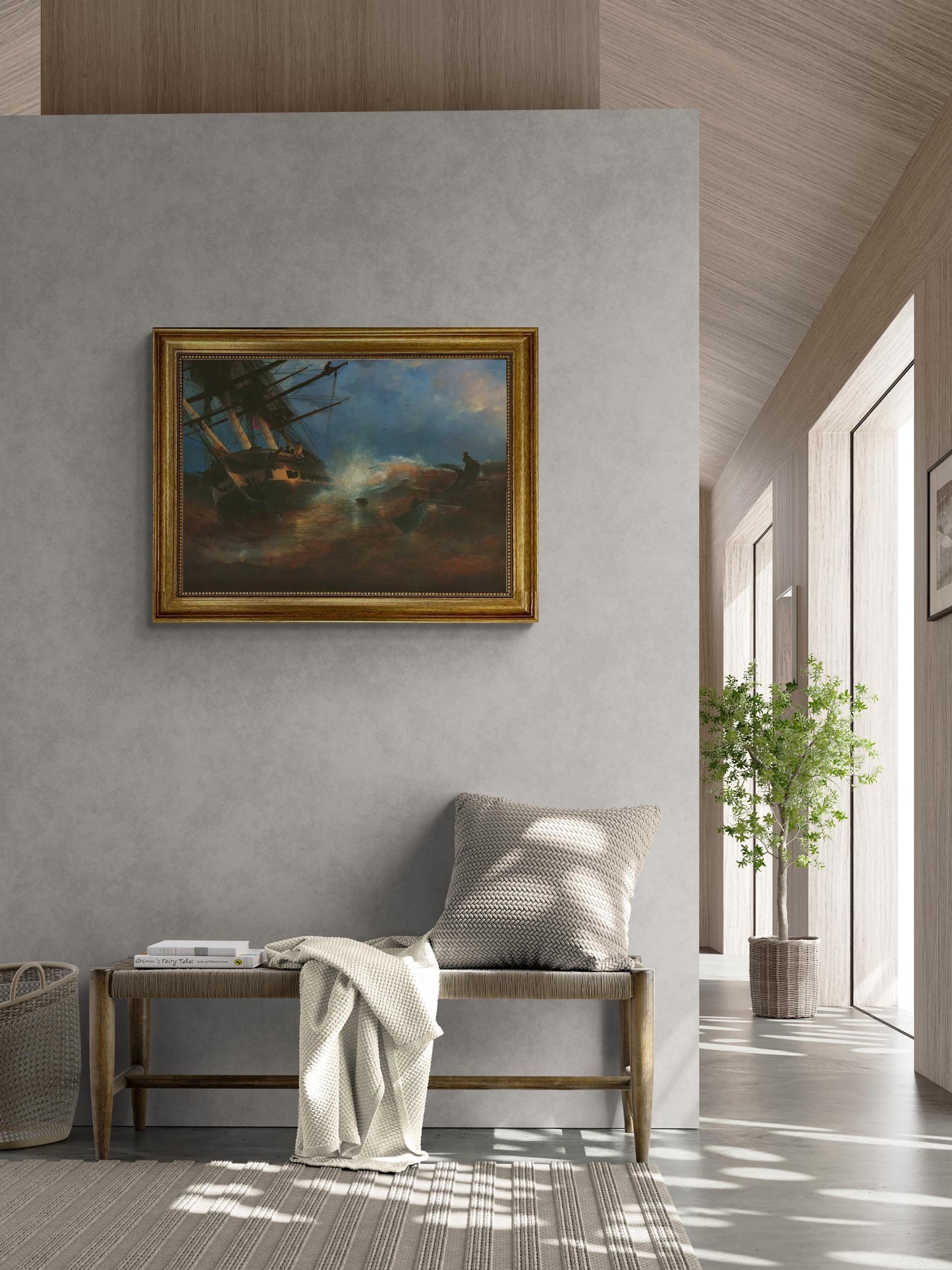 The Frigate "Aurora" by Aivazovsky, canvas hand finished premium print with brush strokes and golden vintageous frame looks like original FOSHE ART