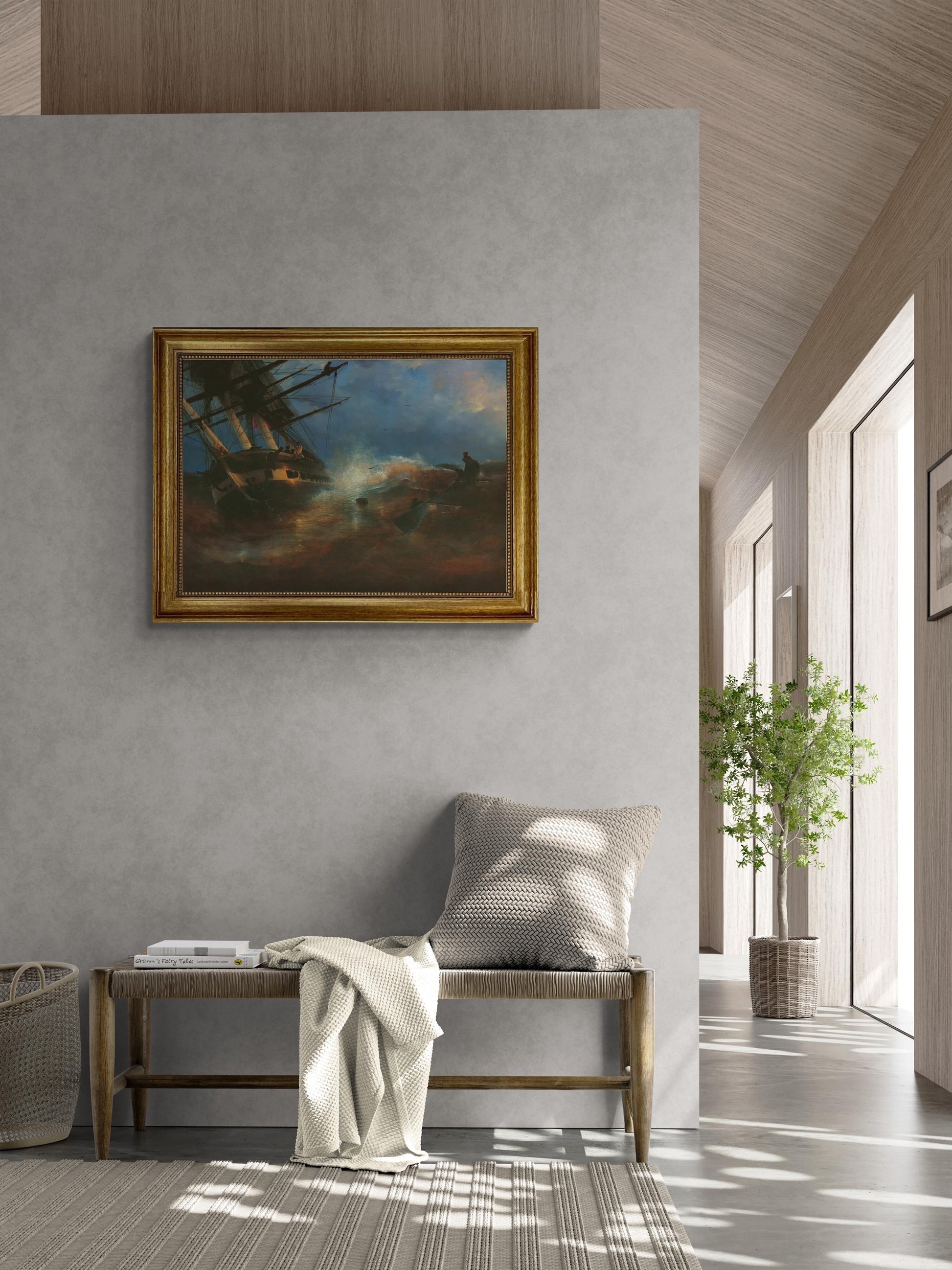 The Frigate "Aurora" by Aivazovsky, canvas hand finished premium print with brush strokes and golden vintageous frame looks like original FOSHE ART