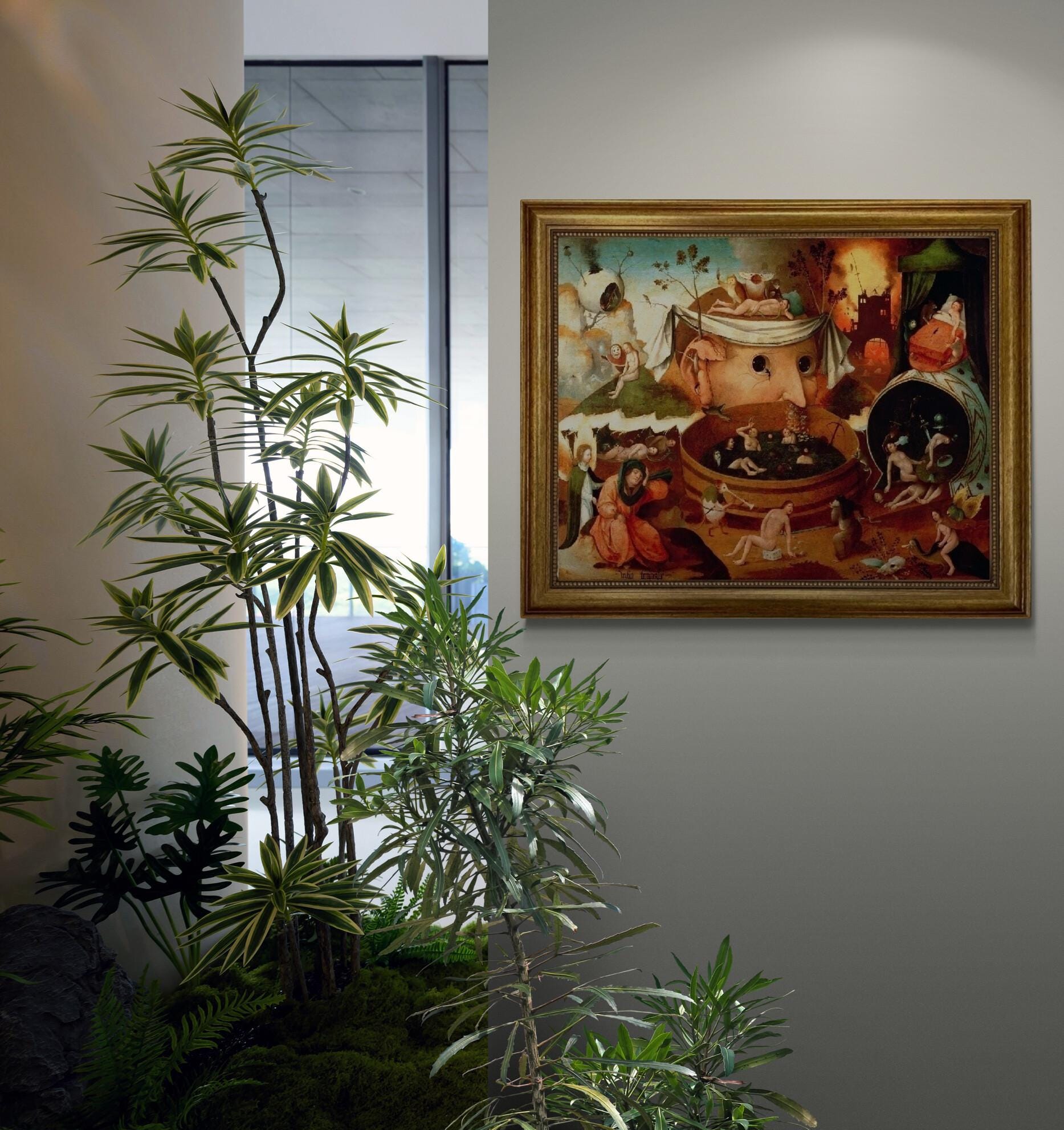 Tondals Vision by Bosch , Gliclee canvas 3D hand finished premium print with brush strokes and golden vintageous frame, looks like original FOSHE ART