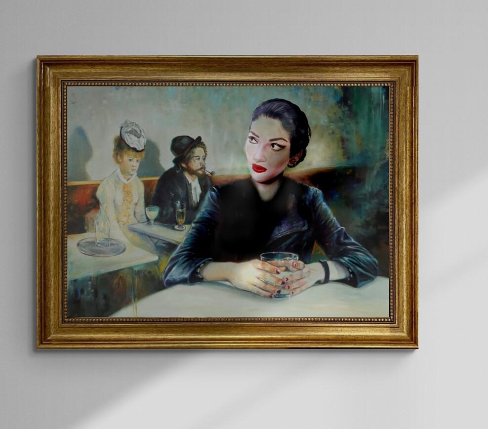 Unique Portrait of Maria Callas transformed into the famous painting 'In a Café' by Degas, framed 3D canvas premium print with brush stroke FOSHE ART