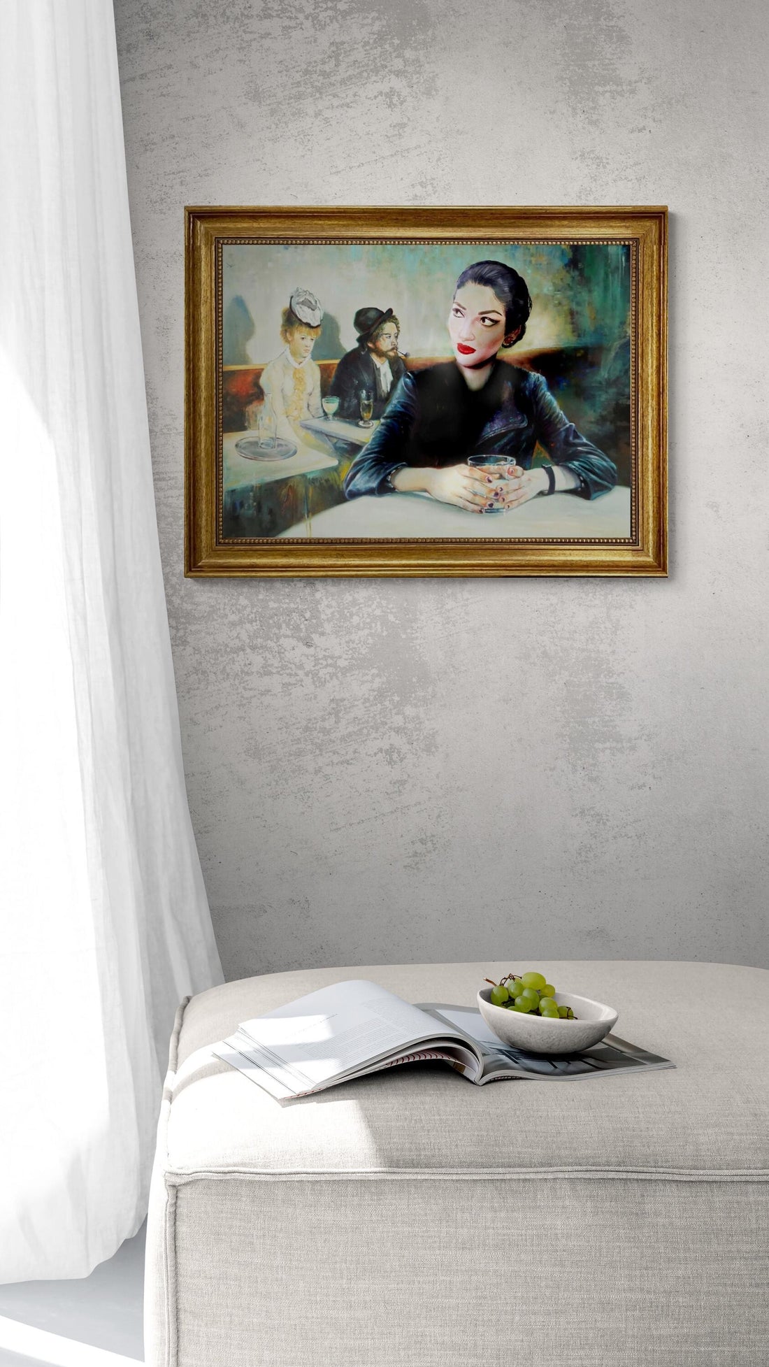 Unique Portrait of Maria Callas transformed into the famous painting 'In a Café' by Degas, framed 3D canvas premium print with brush stroke FOSHE ART
