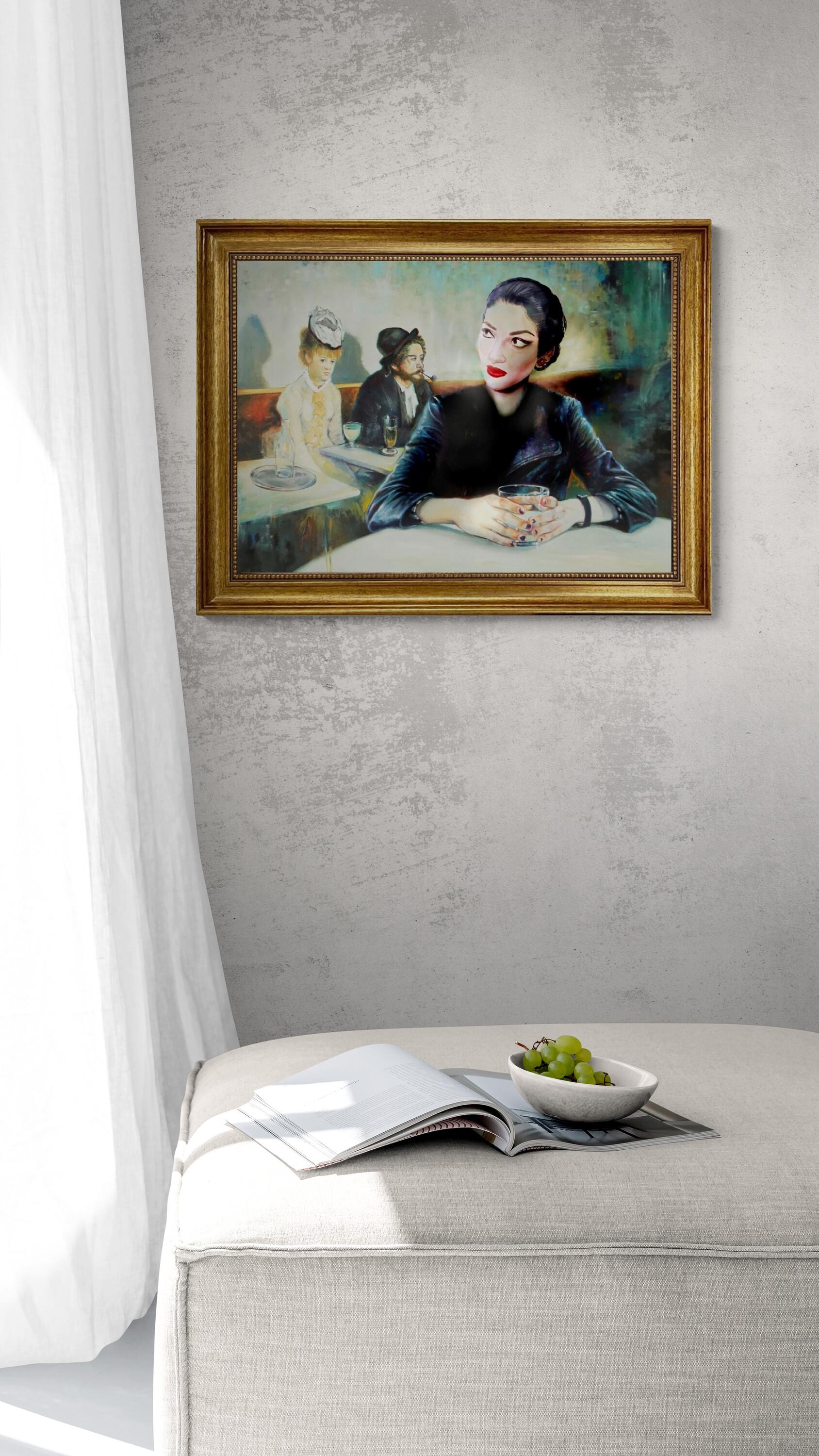 Unique Portrait of Maria Callas transformed into the famous painting 'In a Café' by Degas, framed 3D canvas premium print with brush stroke FOSHE ART