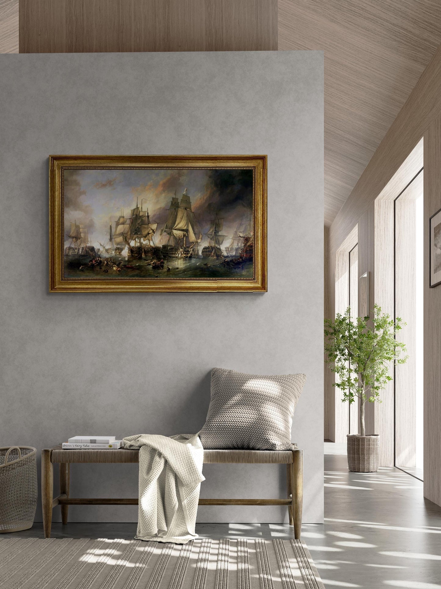 Battle of Trafalgar William Clarkson Stanfield, Hand Finished 3D Print on canvas with brush strokes + vintageous frame, looks like original FOSHE ART