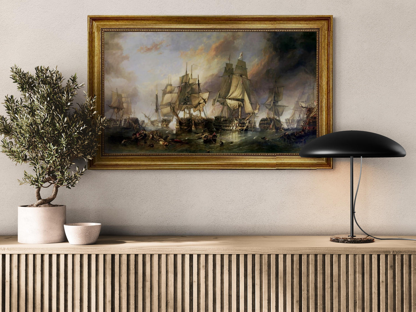 Battle of Trafalgar William Clarkson Stanfield, Hand Finished 3D Print on canvas with brush strokes + vintageous frame, looks like original FOSHE ART