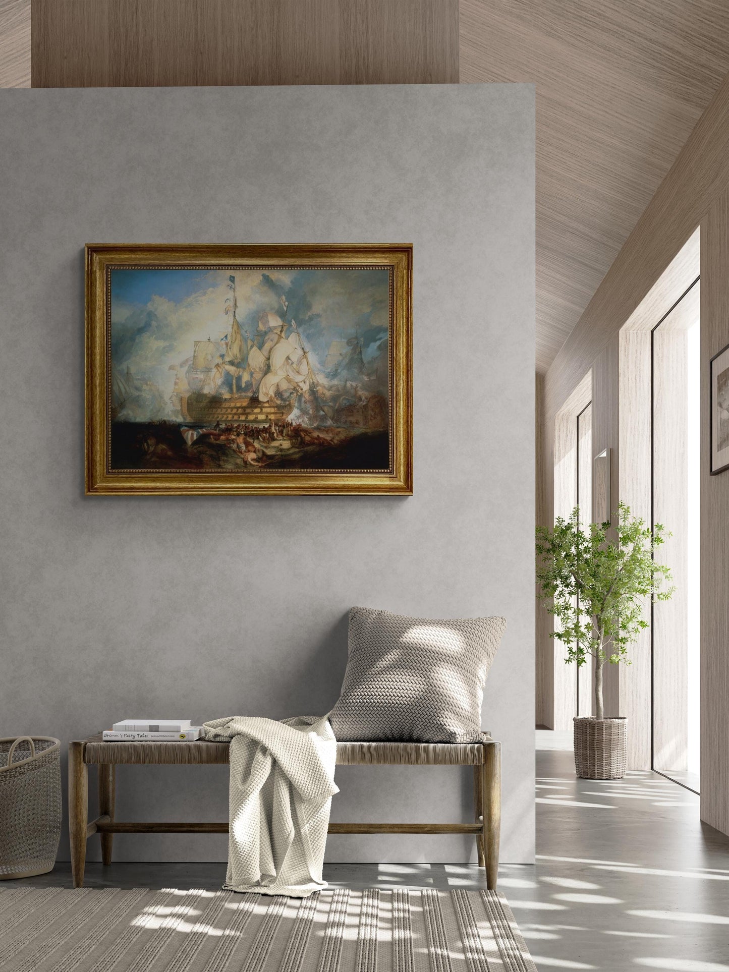 Epic Battle of Trafalgar: Naval Art Print by W. Turner | real art canvas with hand-applied brush strokes for Authentic Look | golden frame FOSHE ART