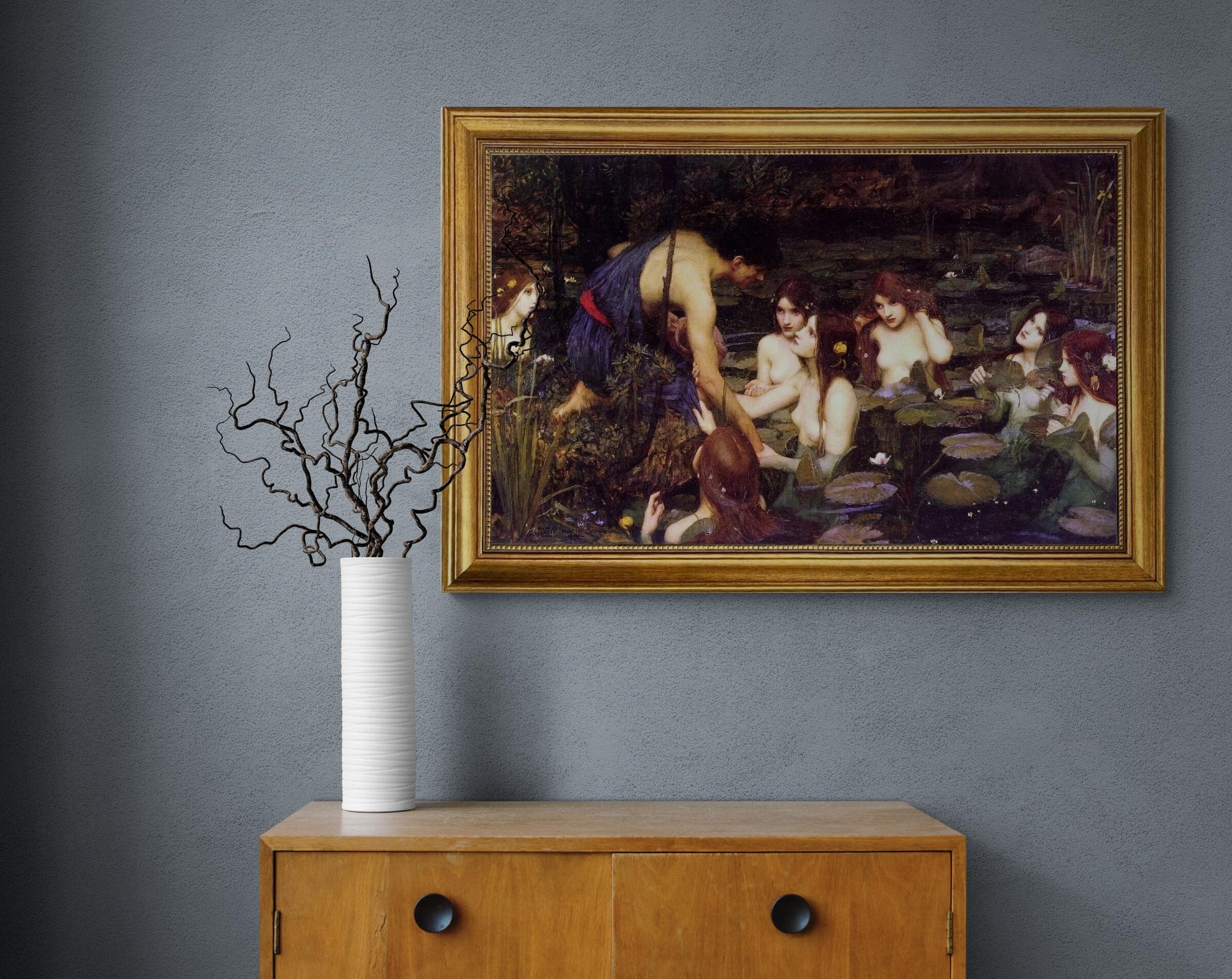 Hylas and the Nymphs Canvas Print: Brush Stroke Texture, Vintage Gold Frame FOSHE ART