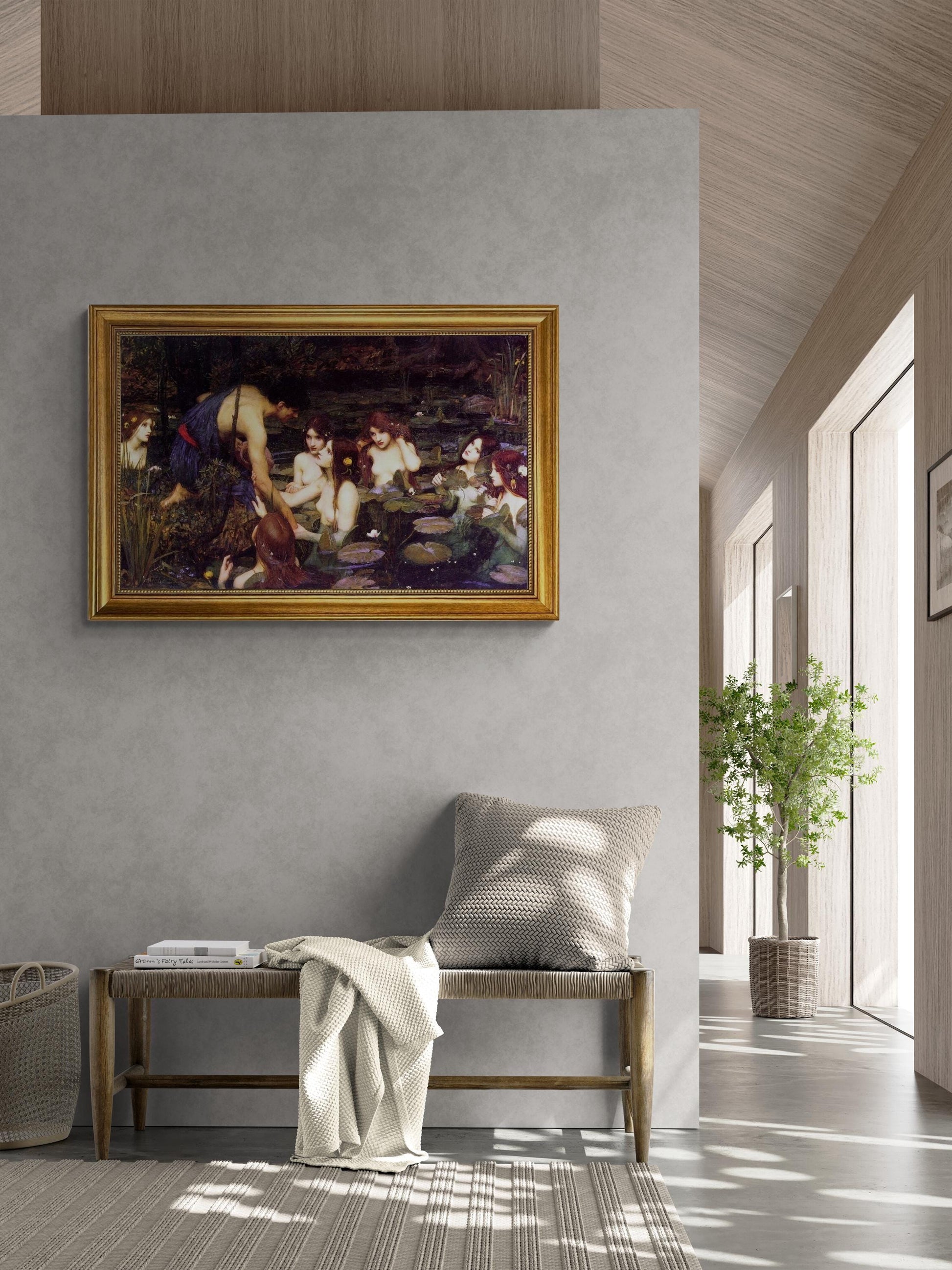 John William Waterhouse: Hylas and the Nymphs, Gliclée canvas premium print with brush strokes + golden vintageous frame looks like original FOSHE ART