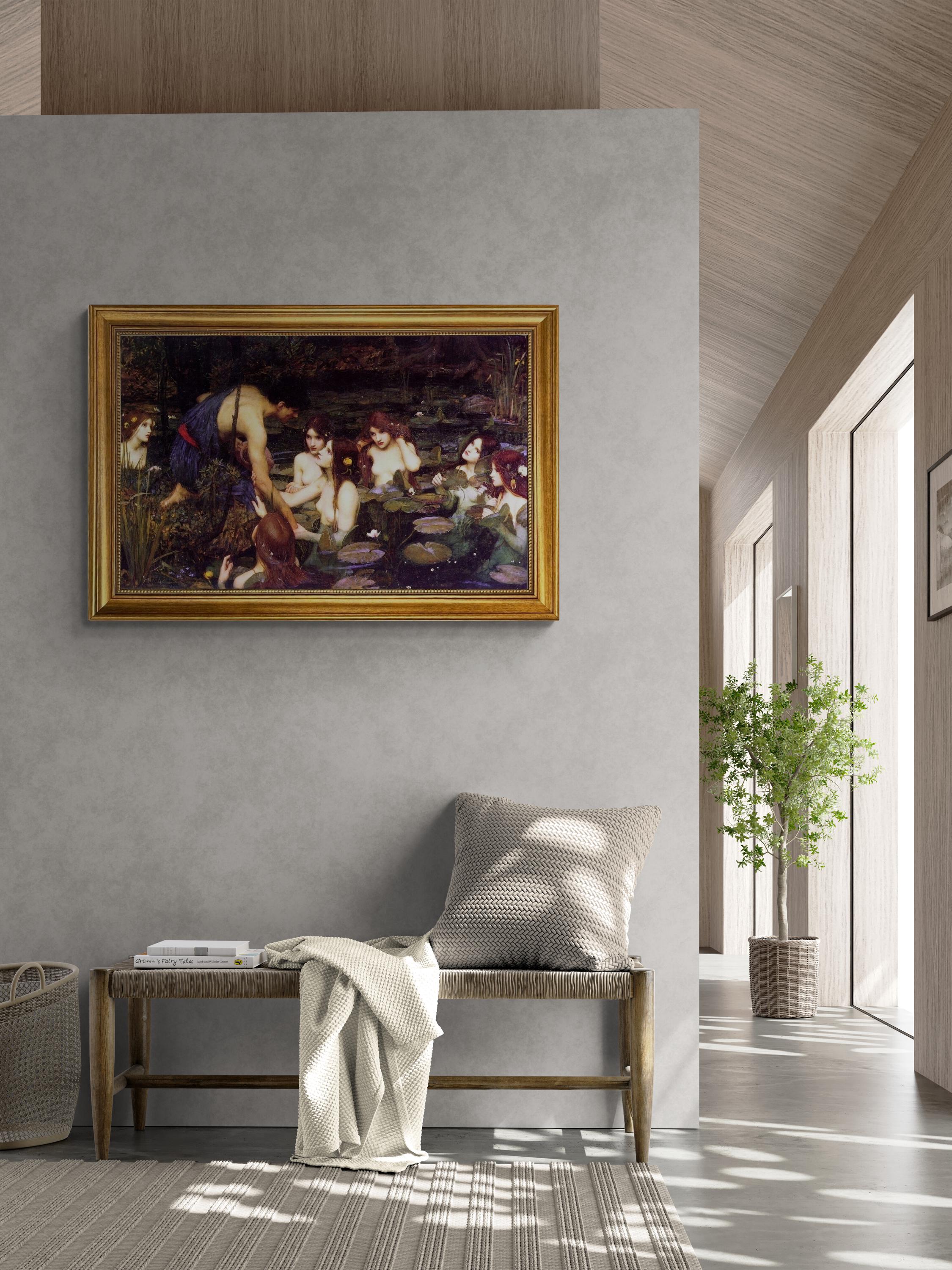 Hylas and the Nymphs Canvas Print: Brush Stroke Texture, Vintage Gold Frame FOSHE ART