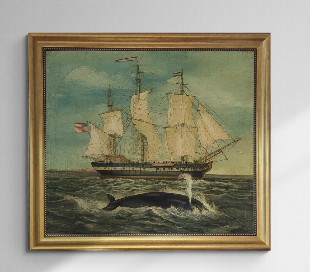 American Whaling Ship With Sperm Whale | Wall Decor Giclee Art Print on Canvas | Hand finished  with brush strokes looks like original art FOSHE ART