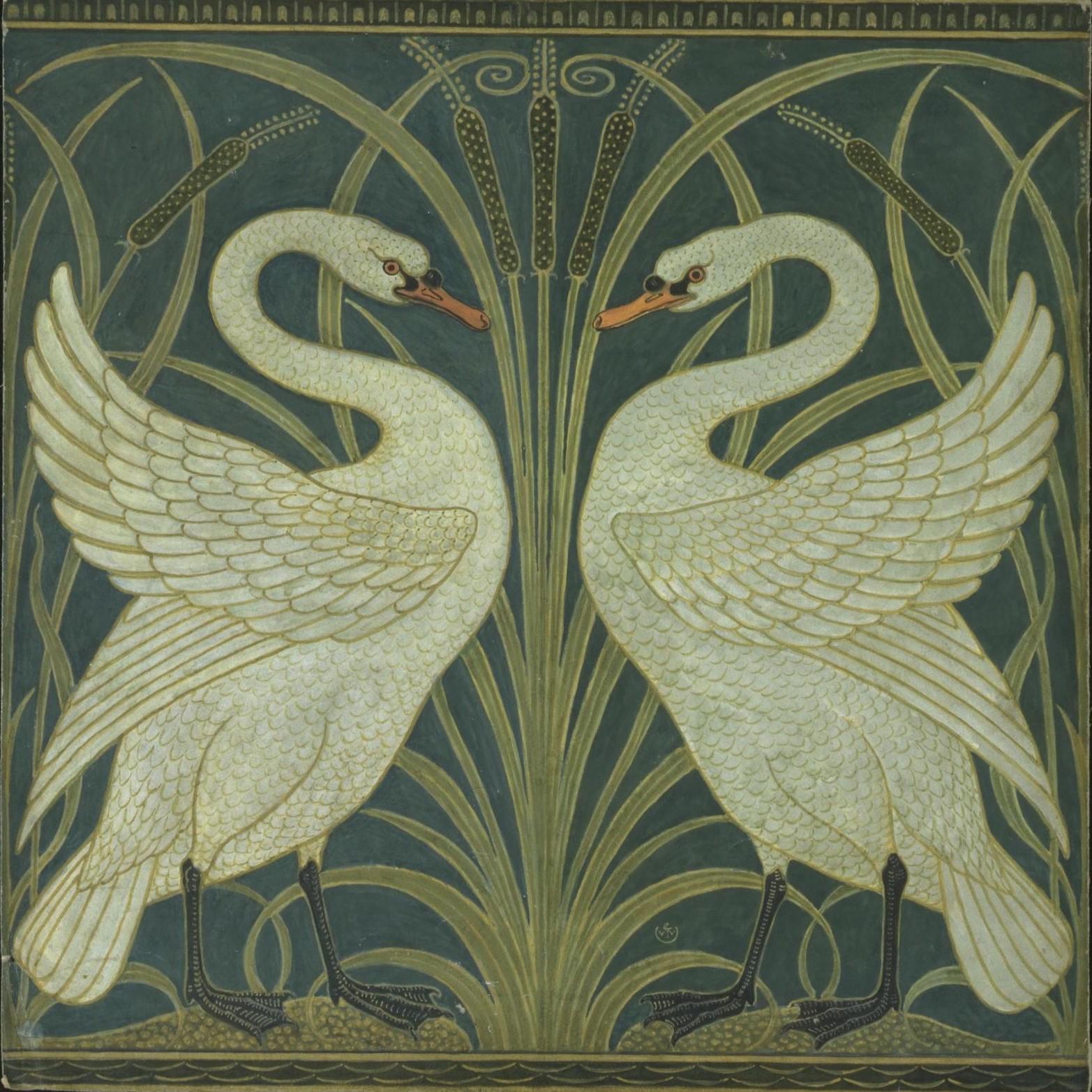 Two White Swans by Walter Crane, Vintage  Gliclée canvas premium print with brush stroke and golden vintageous frame looks like original art FOSHE ART