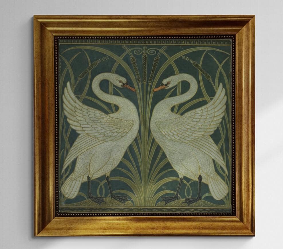 Walter Crane Two Swans Print, Vintage Golden Frame, Brush Stroke Canvas FOSHE ART