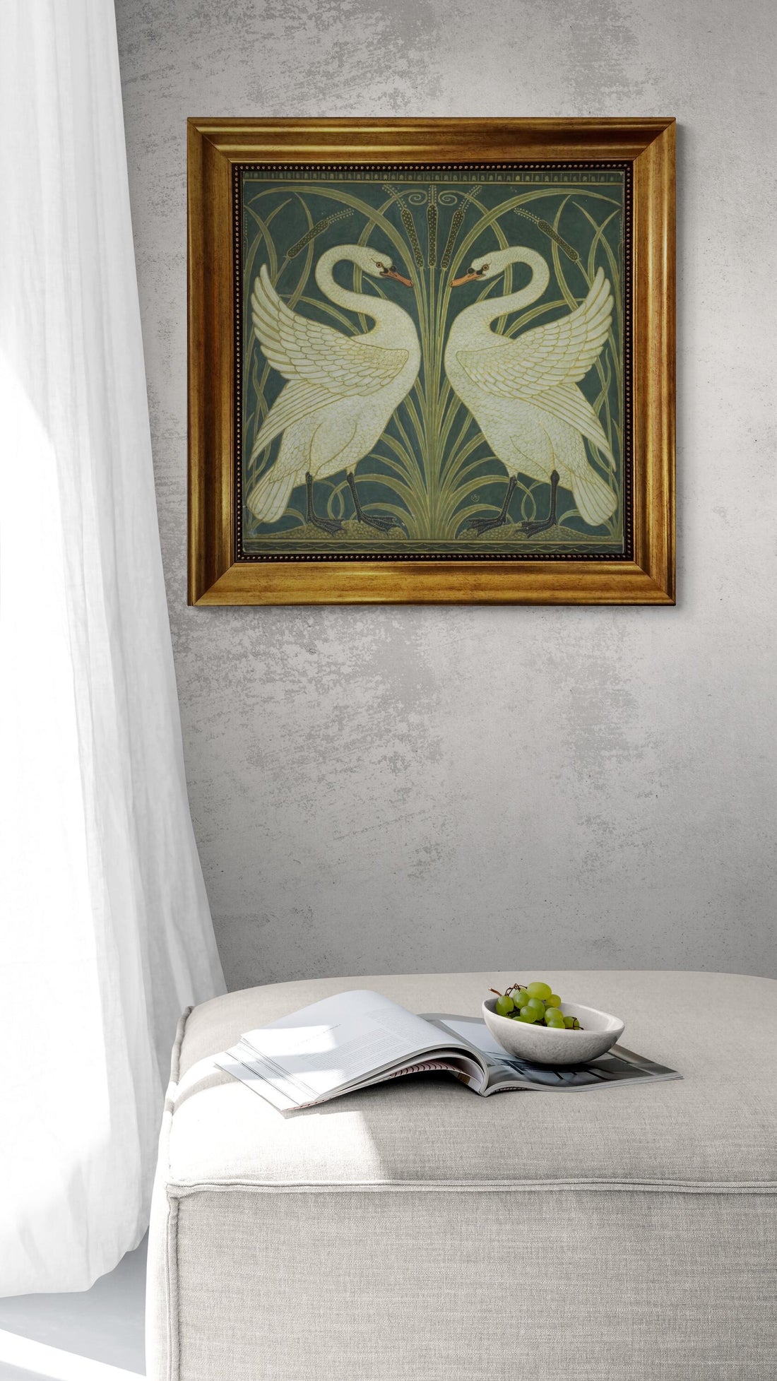 Two White Swans by Walter Crane, Vintage  Gliclée canvas premium print with brush stroke and golden vintageous frame looks like original art FOSHE ART