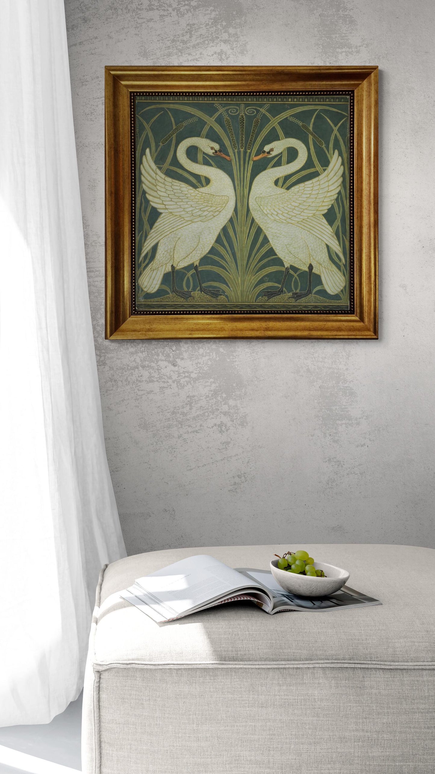 Two White Swans by Walter Crane, Vintage  Gliclée canvas premium print with brush stroke and golden vintageous frame looks like original art FOSHE ART