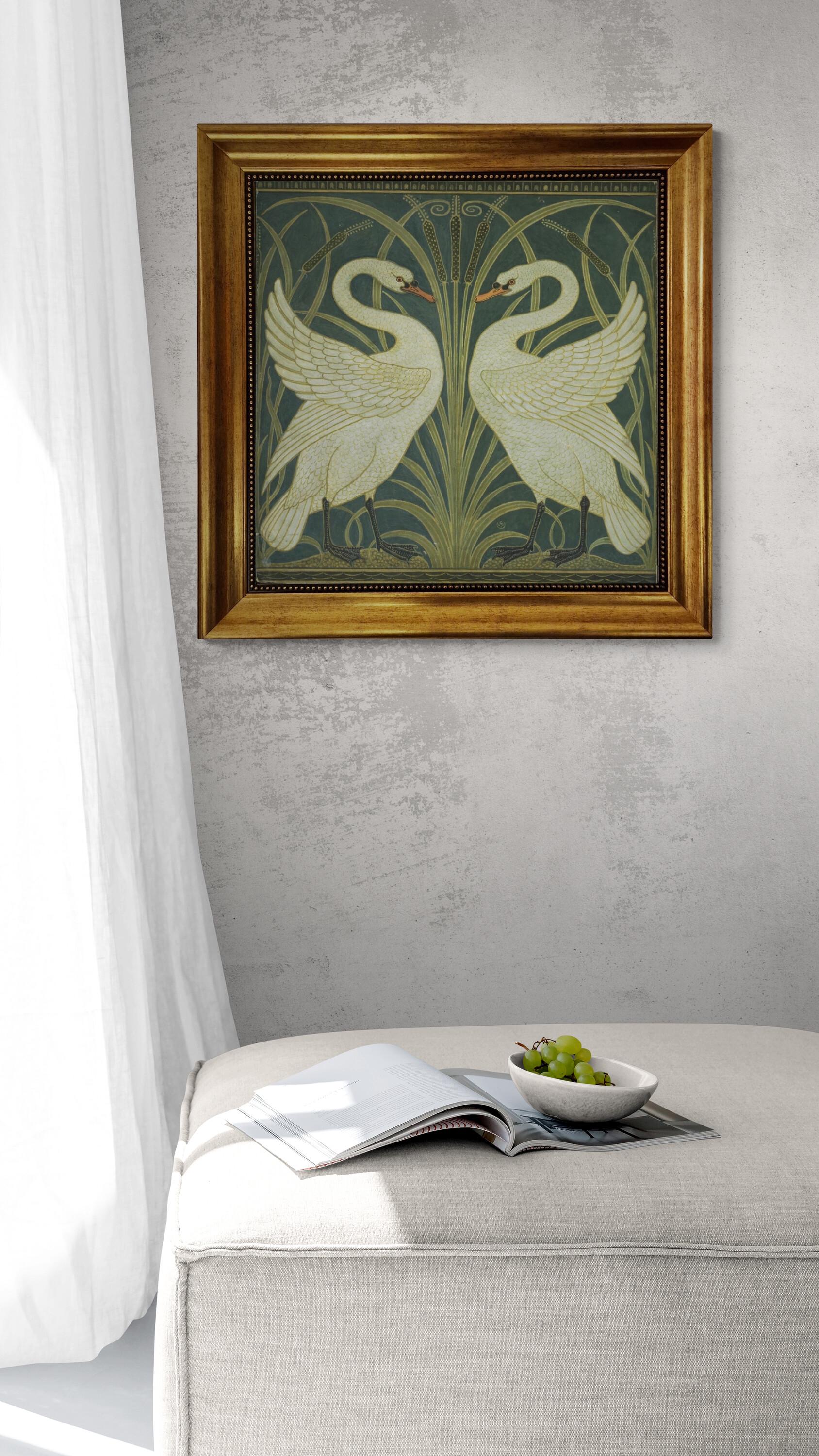 Two White Swans by Walter Crane, Vintage  Gliclée canvas premium print with brush stroke and golden vintageous frame looks like original art FOSHE ART