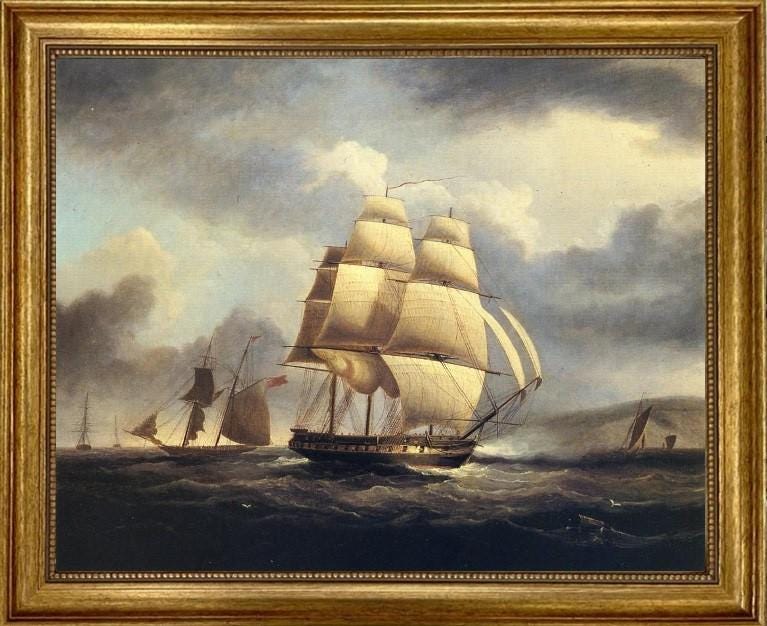 American Frigate on the Thames | Framed Oil Painting Print on Canvas | Hand-Finished with Brush Strokes for a Museum-Quality Masterpiece FOSHE ART